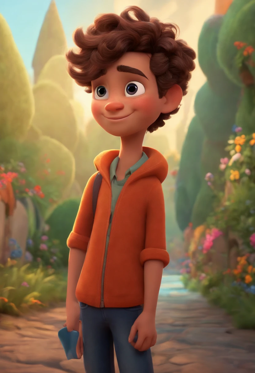 Image of a boy for a story in a YouTube video in Pixar format, He's the allabester, He's the class leader, He's outgoing, Playful and gets up for a lot of things, cabelo curto