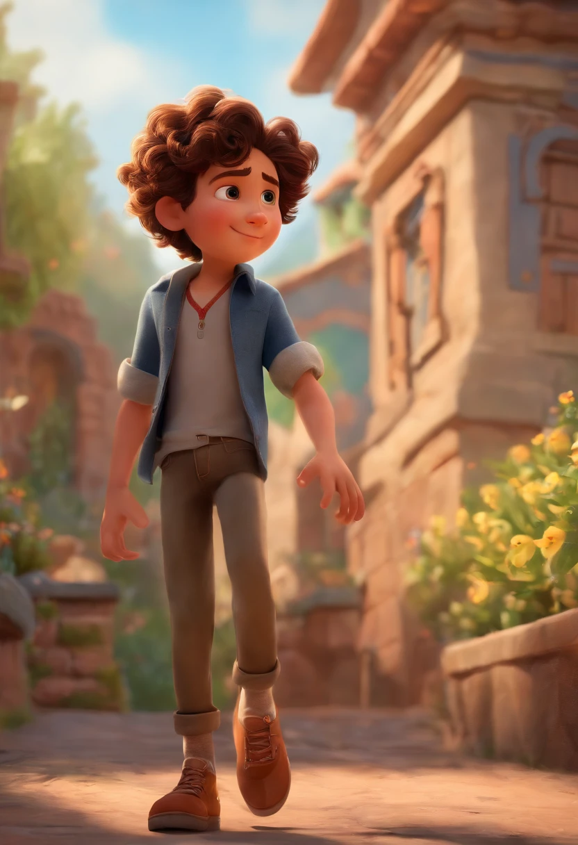 Image of a boy for a story in a YouTube video in Pixar format, He's the little allabester, He's the class leader, He's outgoing, Playful and gets up for a lot of things, cabelo curto