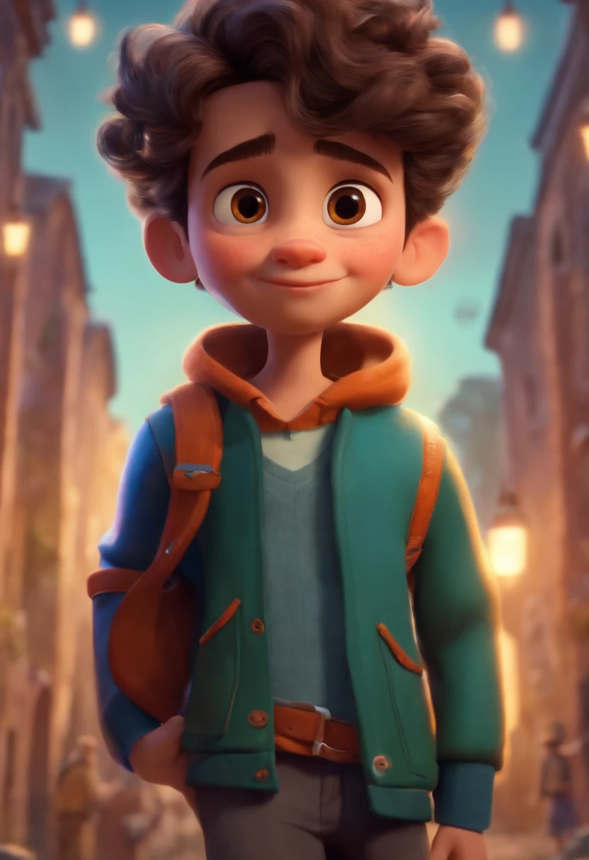 Image of a boy for a story in a YouTube video in Pixar format, He's the little allabester, He's the class leader, He's outgoing, Playful and gets up for a lot of things, cabelo curto