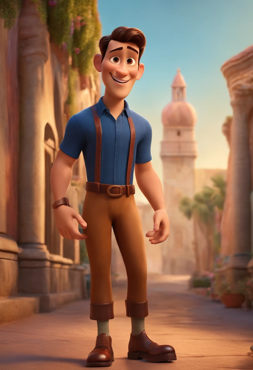 Imagem estilo Pixar com personagem 3D. Sou pastor, moreno claro, Tall and straight hair slicked back, com estilo e roupas modernas.