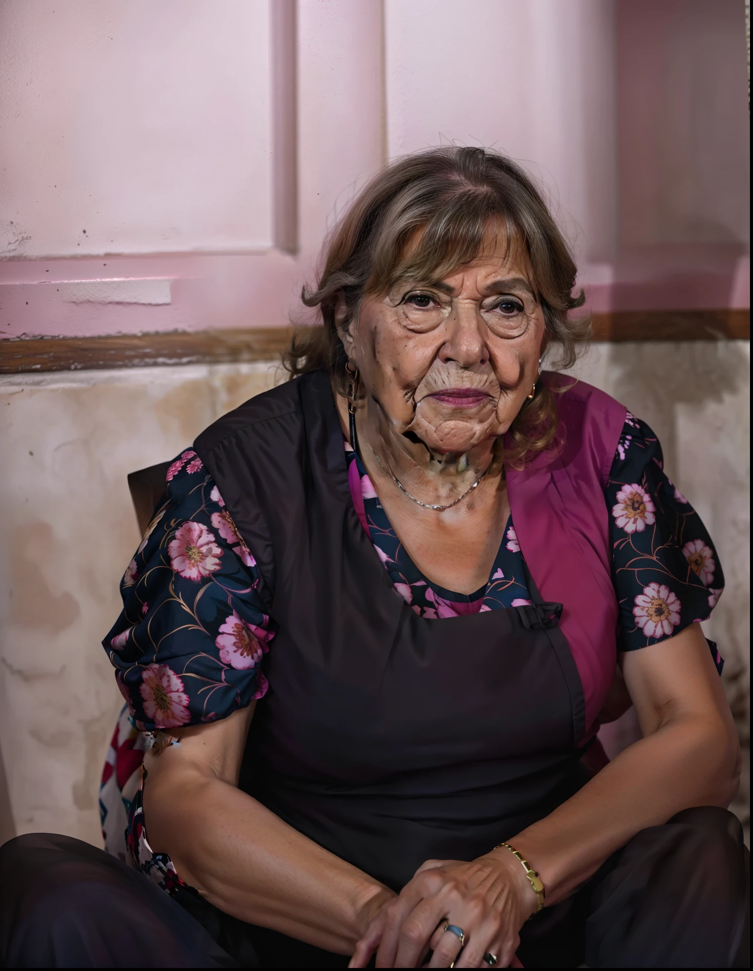 There's a woman sitting on the floor of a room, Magda Torres Gurza, coluna, ela tem cerca de 7 0 anos, Lorena Avarez, Pilar Gogar, Directed by: Glòria Muñoz, Estefania Villegas Burgos, Monserrat Gudiol, 3 0 anos mulher, by Amelia Peláez