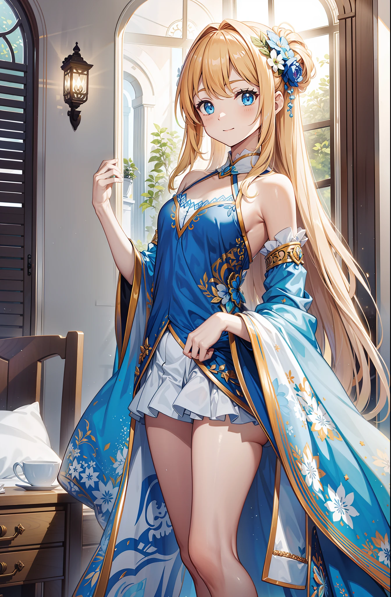 nsfw, (cute illustration:1.2), high-resolution, ultra-detailed, best-quality, (best picture quality, 4K, high quality, masterpiece:1.2), ((masterpiece)), high detail, high quality, (medium bun hair), ((blond hair)), cute,  magical girl, (orange and blue gorgeous magical dress with frills:1.2) sleeveless, detached sleeve, armpits, openchest, white thigh high pantyhose, armpits, squatting, spread legs, embarrassed, crying