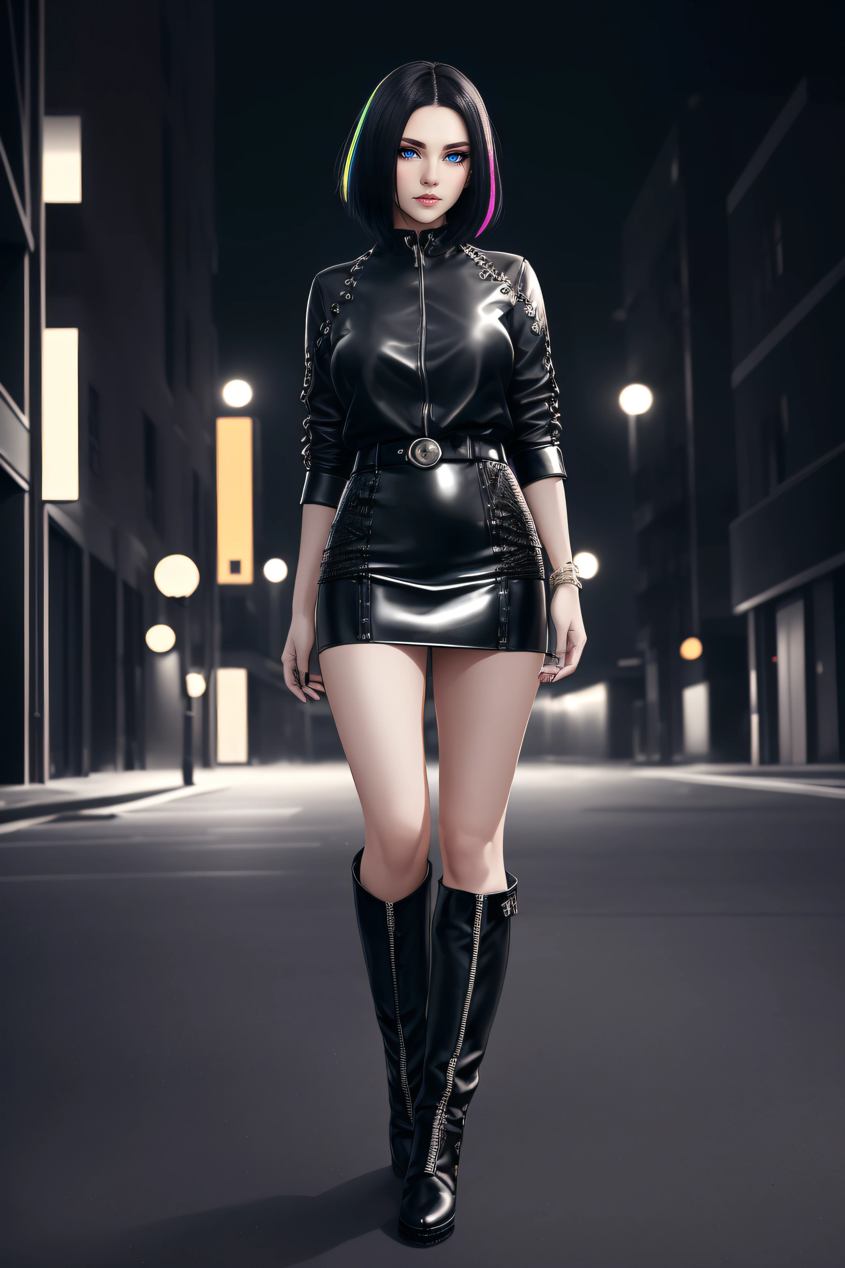 beautiful girl, ((standing:1.4)), (confident gaze:1.1), full body, short bright neon streaked black hair, ((realistic highly detailed eyes:1.4)), ((seductive pose:1.2)), black eyeshadow, (street style wear:1.2), ((short skirt)), ((knee high leather boots)), (dark city night black background:1.4), dark makeup, digital art, trending on artstation, highly detailed, fine detail, intricate, detailed facial features, sharp focus, smooth, aesthetic,