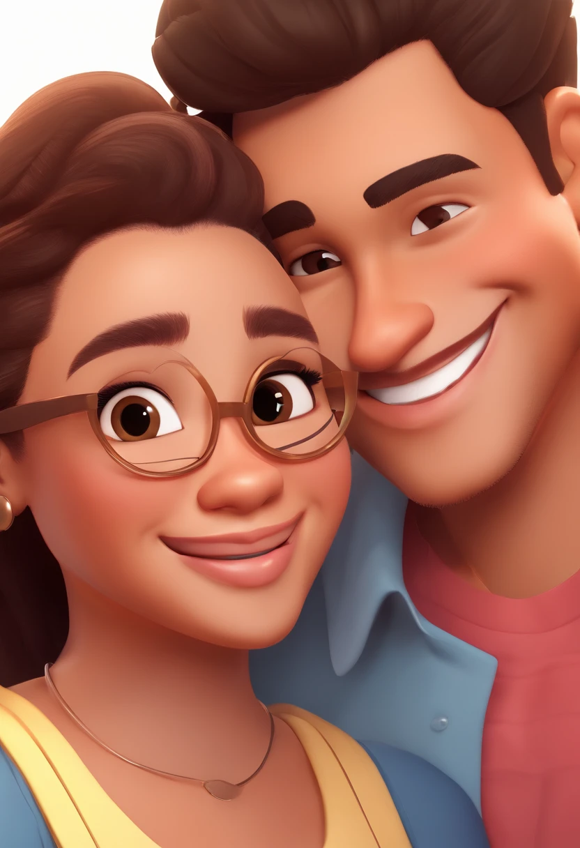An illustration of an adorable couple, Highlight for a chubby mulatto man with smiling glasses and a brunette woman with beautiful expressive eyes - the man's skin is mulatto and the man's hair has, while the woman's skin is black and the woman's hair is straight and brown. They are a bright room, cada um com um sorriso no rosto, e compartilhar um momento especial caracterizado pelo amor, Insights. Illustrate this scene from a perspective where they are facing the camera, Smiling and Showing Your Connection. Desenvolva esta arte em Full HD, Focus on your cinematic touch, Estilo Disney Pixar Animations