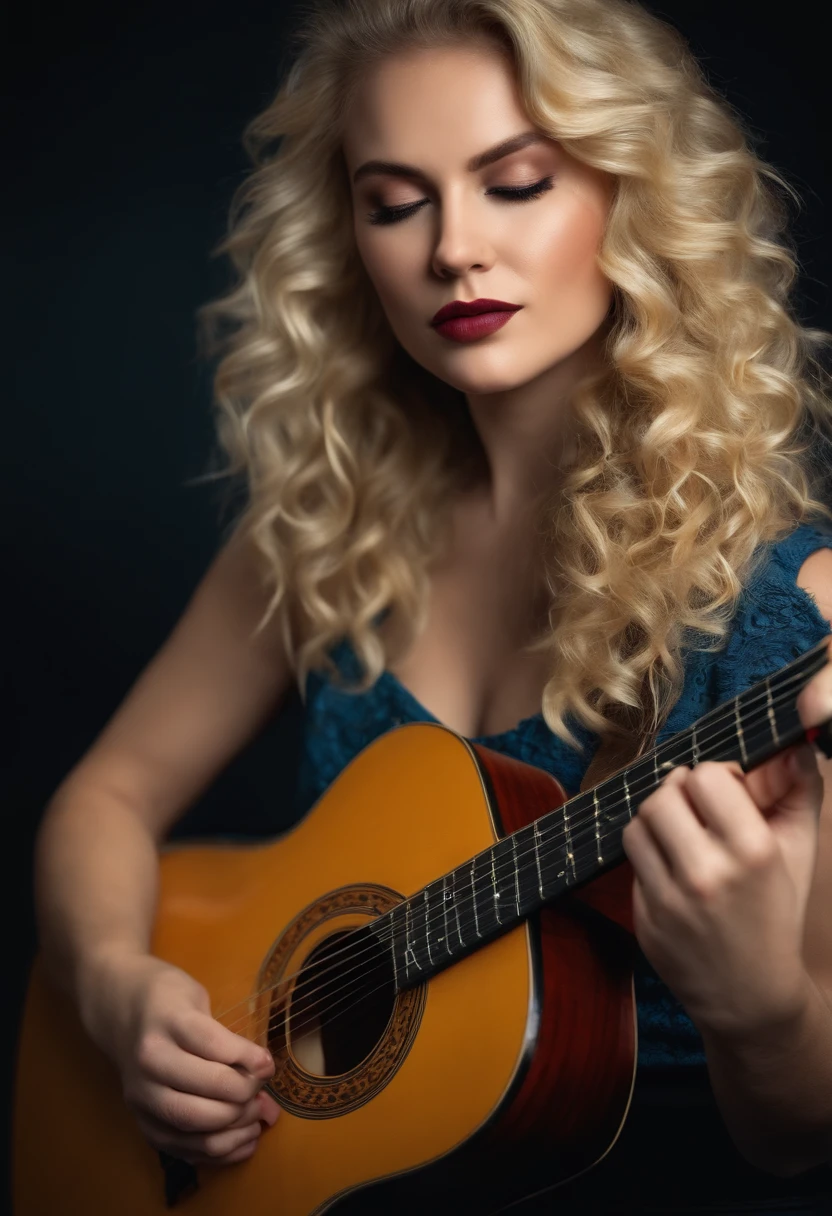 Fat blonde playing guitar curly hair
