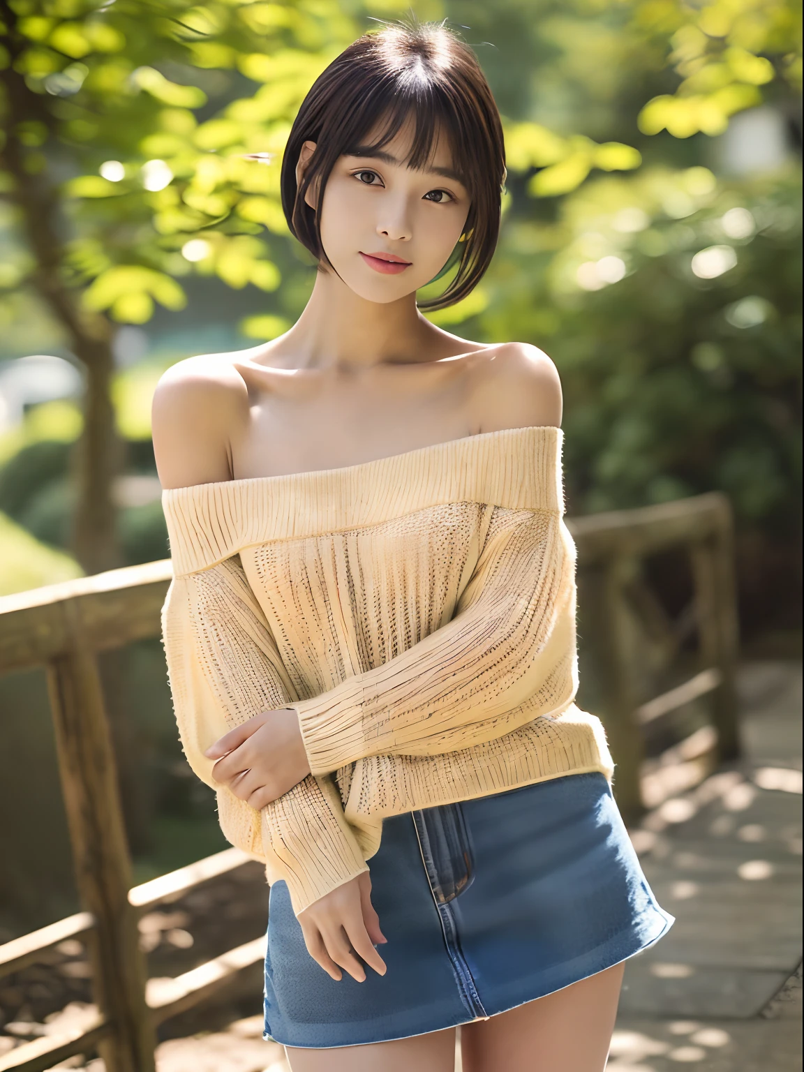 (top-quality、8K、masterpiece:1.2), (Cute Japan Beautiful Girl、18year old:1.4)、(Neat and beautiful face、the golden ratio:1.5)、 (Very fine eye definition, Symmetrical eyes:1.3), (Brown eyes, Parted bangs, Lustrous black hair:1.2)、(Perfect body without contradiction、Perfect limbs without contradiction:1.7)、(shinny skin:1.2)、(Beautiful large breast:1.7)、(Constricted waist:1.5)、(Off-the-shoulder loose knit、tight miniskirt:1.3) 、(bending forward:1.2)、(Looking at the camera:1.4)、outside of house、the wind、optic、blurry backround