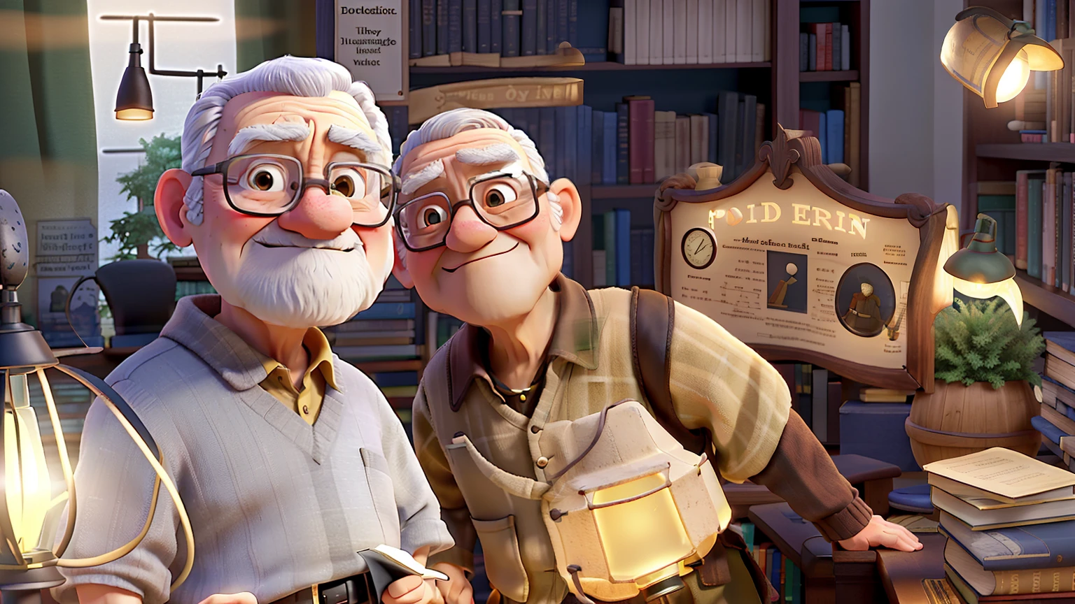 A wise old man standing in front, illuminated by the light of a lamp, against the backdrop of a library