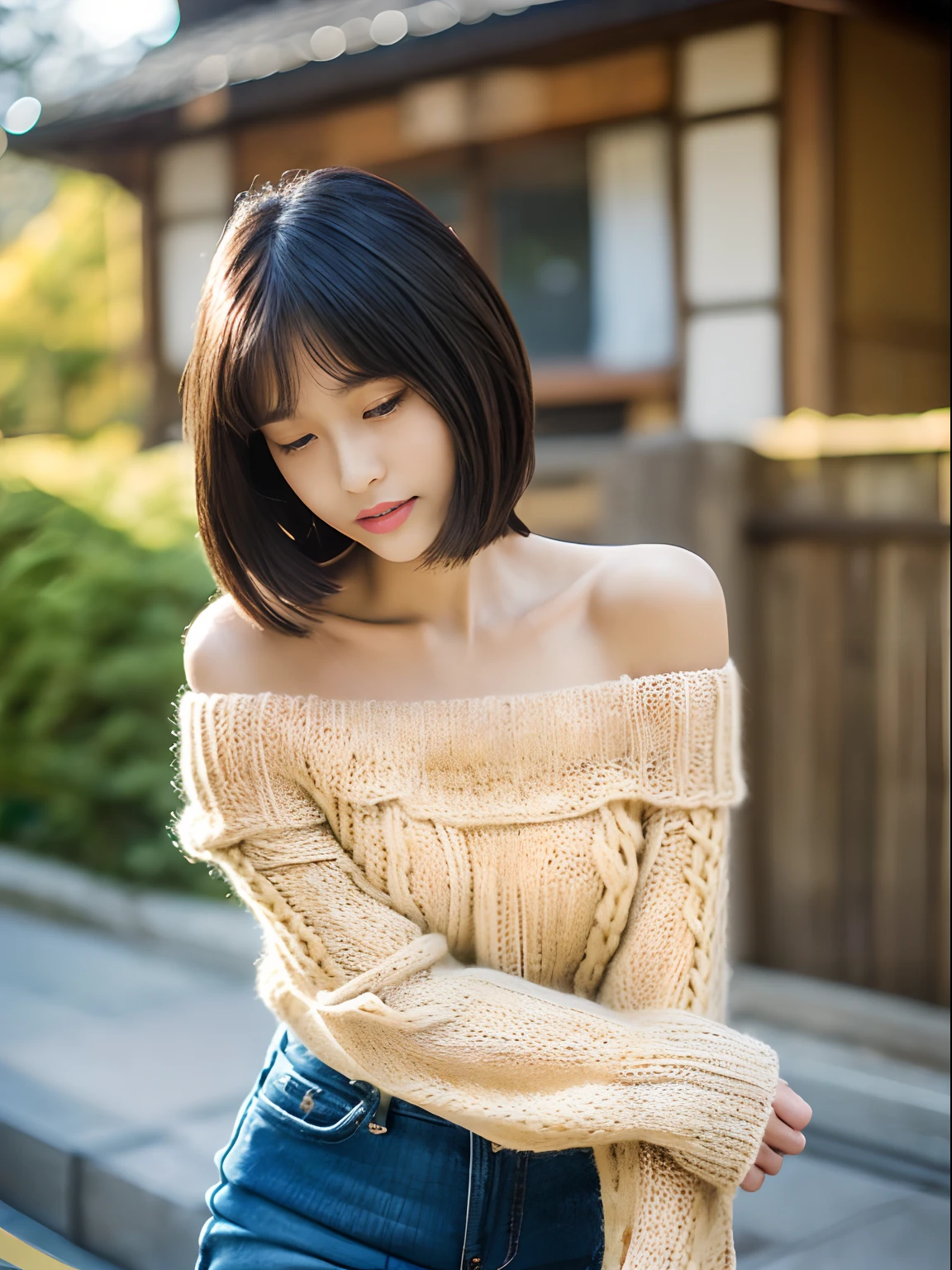 (top-quality、8K、masterpiece:1.2), (Cute Japan Beautiful Girl、18year old:1.4)、(Neat and beautiful face、the golden ratio:1.5)、 (Very fine eye definition, Symmetrical eyes:1.3), (Brown eyes, Parted bangs, Lustrous black hair:1.2)、(Perfect body without contradiction、Perfect limbs without contradiction:1.7)、(shinny skin:1.2)、(Beautiful large breast:1.7)、(Constricted waist:1.5)、(Off-the-shoulder loose knit、tight miniskirt:1.3) 、(bending forward:1.2)、(Looking at the camera:1.4)、outside of house、the wind、optic、blurry backround