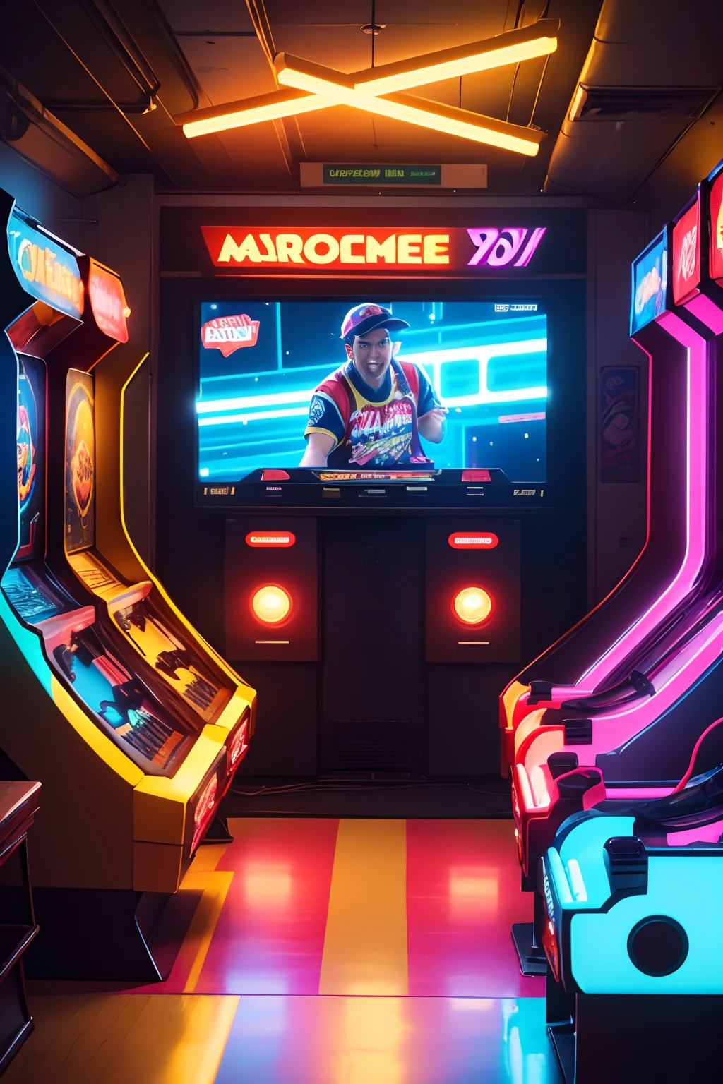 (best quality,4k,8k,highres,masterpiece:1.2),ultra-detailed,(realistic,photorealistic,photo-realistic:1.37),arcade-themed 41st birthday party invitation,classic arcade cabinet games,crowded venue with colorful decorations,retro neon lighting and signs,pulsating arcade game screens and flashing buttons,arcade tokens and tickets in vibrant colors,energetic atmosphere with laughter and excitement,2-player racing game with realistic motion seats,popular games like Pac-Man and Donkey Kong,arcade employees in retro uniforms,surrounded by friends and family,enjoying delicious snacks and drinks,cool electronic music filling the air,casual dress code with 80s-inspired outfits,excitement and anticipation for the birthday celebration,reminiscing about the golden age of arcade gaming,unforgettable memories created on this special day,vivid colors and dynamic compositions reminiscent of classic arcade art styles,joyful moments captured in every frame,immersive and engaging visual experience,transforming the venue into a retro wonderland