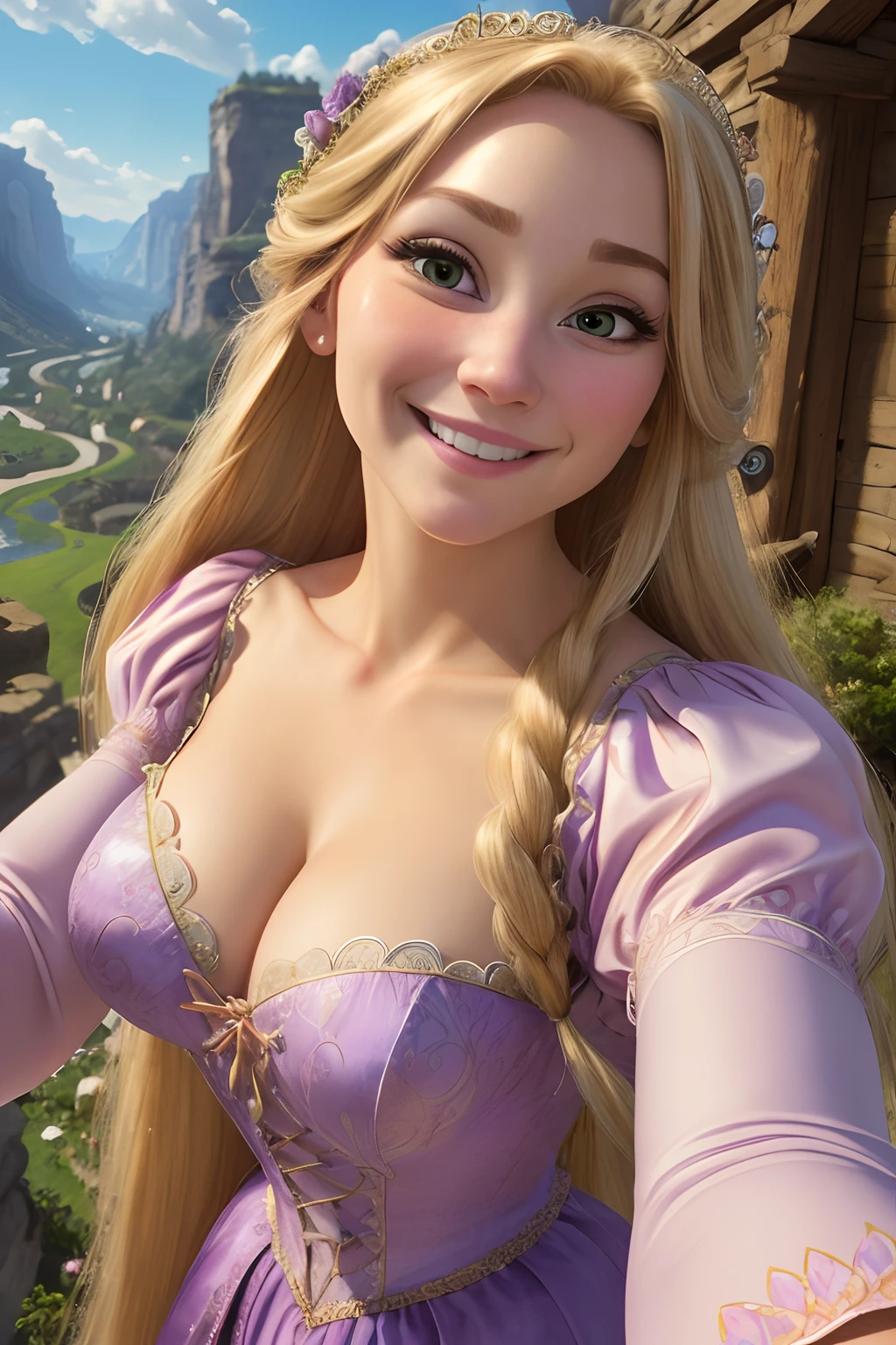 rapunzel, 1girl, long hair, breasts, looking at viewer, smile, blonde hair, long sleeves, dress, cleavage, medium breasts, closed mouth, green eyes, collarbone, puffy sleeves, juliet sleeves, purple dress, selfie, frog(masterpiece:1.2), (best quality), (ultra detailed), (8k, 4k, intricate),(full-body-shot:1), (highly detailed:1.2),(detailed face:1.2),(detailed background),detailed landscape, (dynamic angle:1.2), (dynamic pose:1.2),