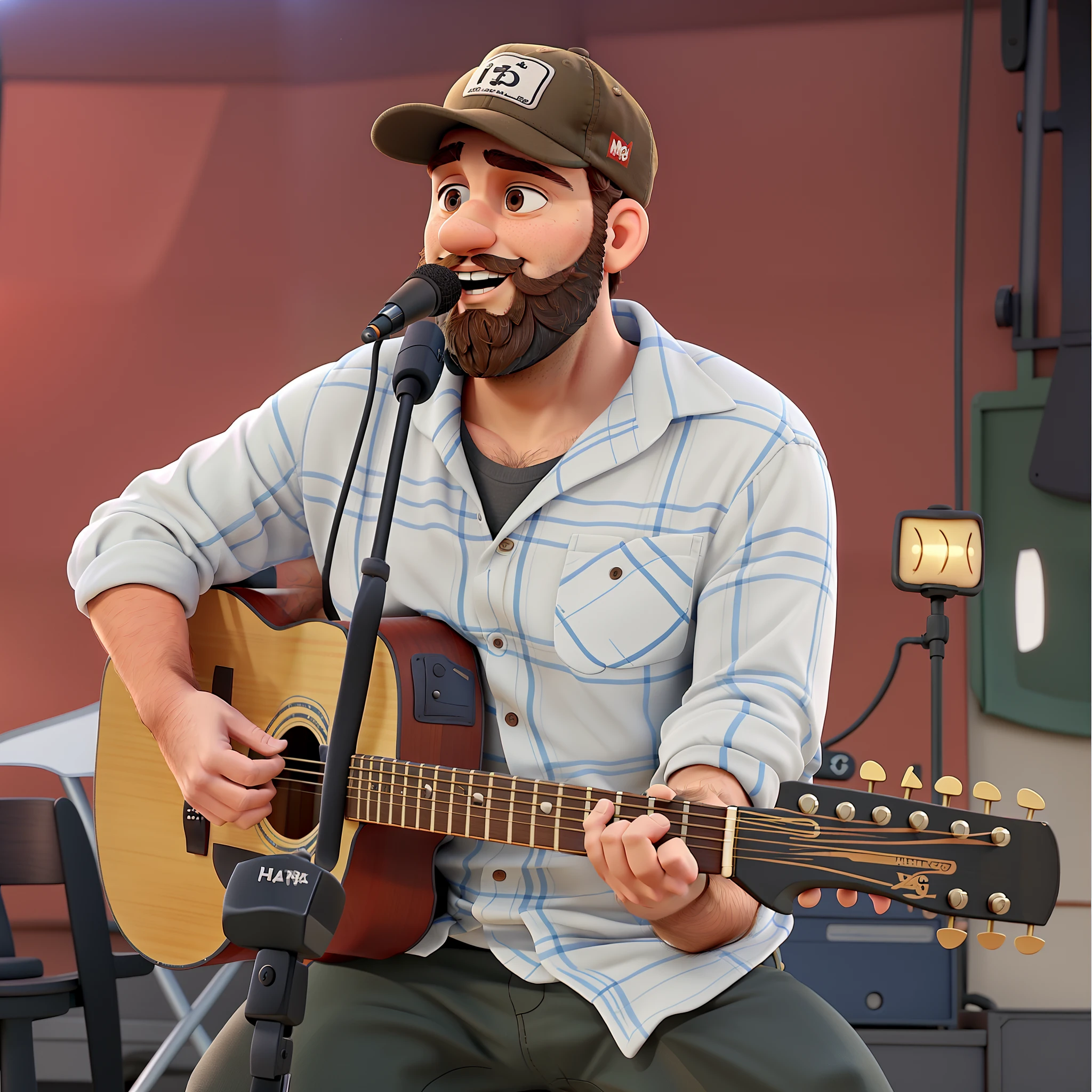 A man with a beard and a cap singing and playing guitar on a stage with the surrounding audience in the style of Pixar animation