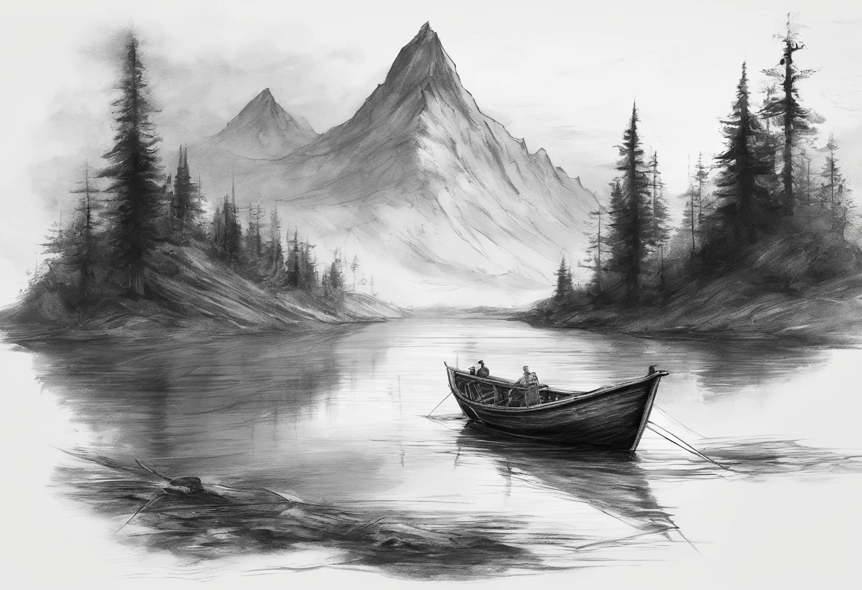 mountain peaks，fishing boat，yuki，Solitude，Very detailed and detailed，River，cedar，Charcoal pencil drawing