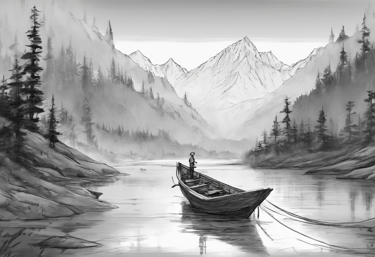 mountain peaks,fishing boat,yuki,Solitude,Very detailed and detailed,River,cedar,Charcoal pencil drawing