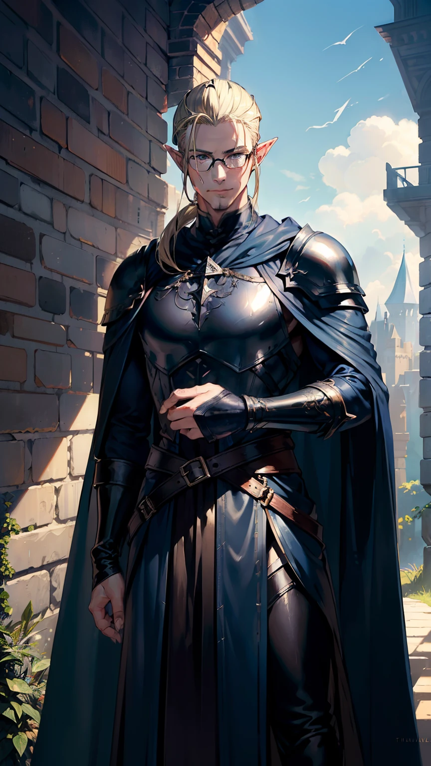 (((((male))))), masterpiece, ultra detailed, 8K Portrait, Raw photo, man's portrait photography, Highly detailed face, beautiful and meticulous eyes, ((Fantasy)), 35 years old (((man))), (((Male body))), elf, 190 cm, tall, Glasses, ((Blonde)) Ponytail (((slick back hair))), Kind face, Smile, adventurer, Hooded (((Dark blue silk long cloak))) Fluttering in the wind, (((Male White leather Armor))), Leather boots, Holding a long magic sword, Midday Sun, Hyper realistic, Strong body, Long legs, in a castle, Ambient lighting, Shadow details , Camera focus on face, strong breeze, Light fog