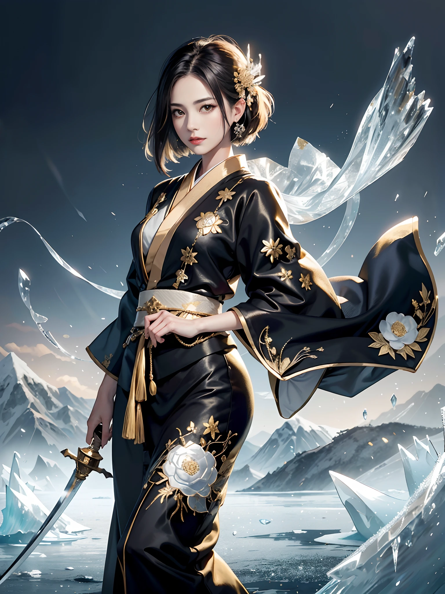 Background of details(The frozen city of Kyoto),BREAK ,elaborate costume(Luxurious Japan kimono(Black kimono(detailed embroidery(blanche,golds)))),BREAK,(1 Beautiful and classy adult woman(Shy smile:1.2)(Japanese actressl:1.2)(A dark-haired:1.2(short-hair:1.2))),(eye glass:1.2),(Coming out of the ice circle:1.5,(Sword(Covered in ice:1.5))),BREAK,Wallpapers 16K,Blur the background,)(masutepiece,Best Quality,Portrait photos):1.5),full body Esbian