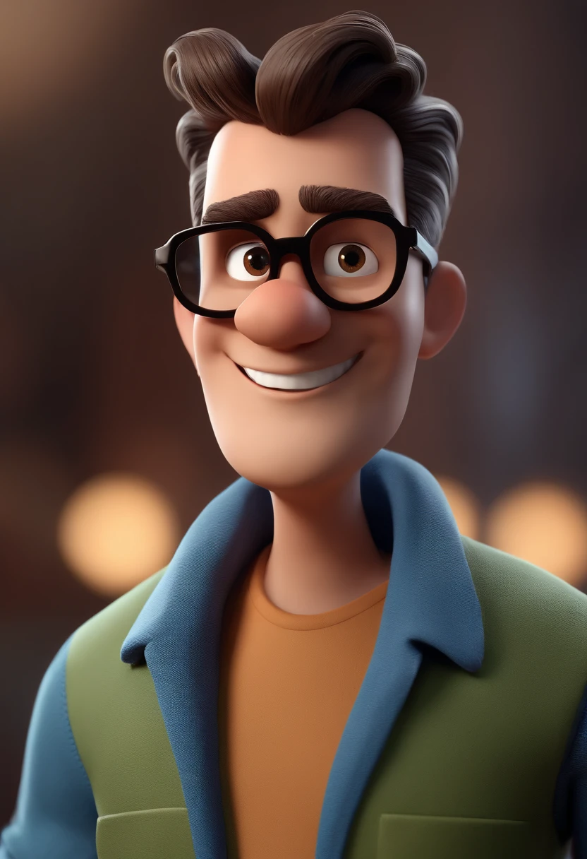 Cartoon character of a man with black glasses and a blue shirt, animation character, Caractere estilizado, animation style rendering, 3D estilizado, Arnold Maya render, 3 d render stylized, toon render keyshot, Personagem 3D, Personagem 3D, 3d rendering stylized, 3 d character render, personagem de desenho animado, Personagem de close up, Pose de personagem,  (Estilo Pixar) (master part:1.2) (Bokeh) (best quality) (pele detalhada) (textura detalhada) (8k) (argila) (Cinematic lighting) (foco nítido