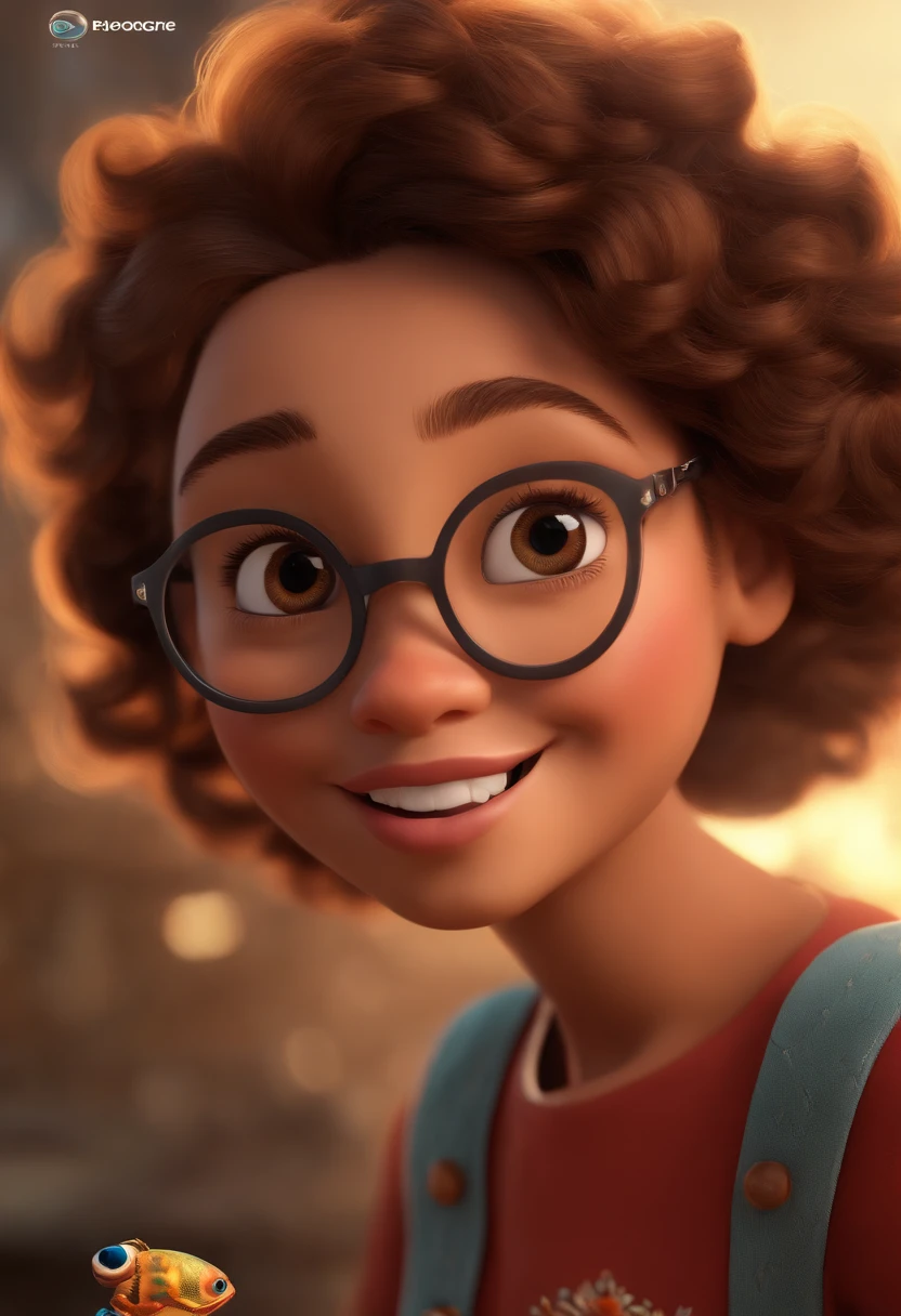 (best quality,4k,8k,highres,masterpiece:1.2),ultra-detailed,(realistic,photorealistic,photo-realistic:1.37),beautiful detailed eyes,beautiful detailed lips,extremely detailed eyes and face,longeyelashes,girl,curly hair,pixar style,3D glasses,brown skin,short hair,dancing,Disney makeup,pescador,cute,smiling,close-up,Pixar,Disney,cinematic lighting