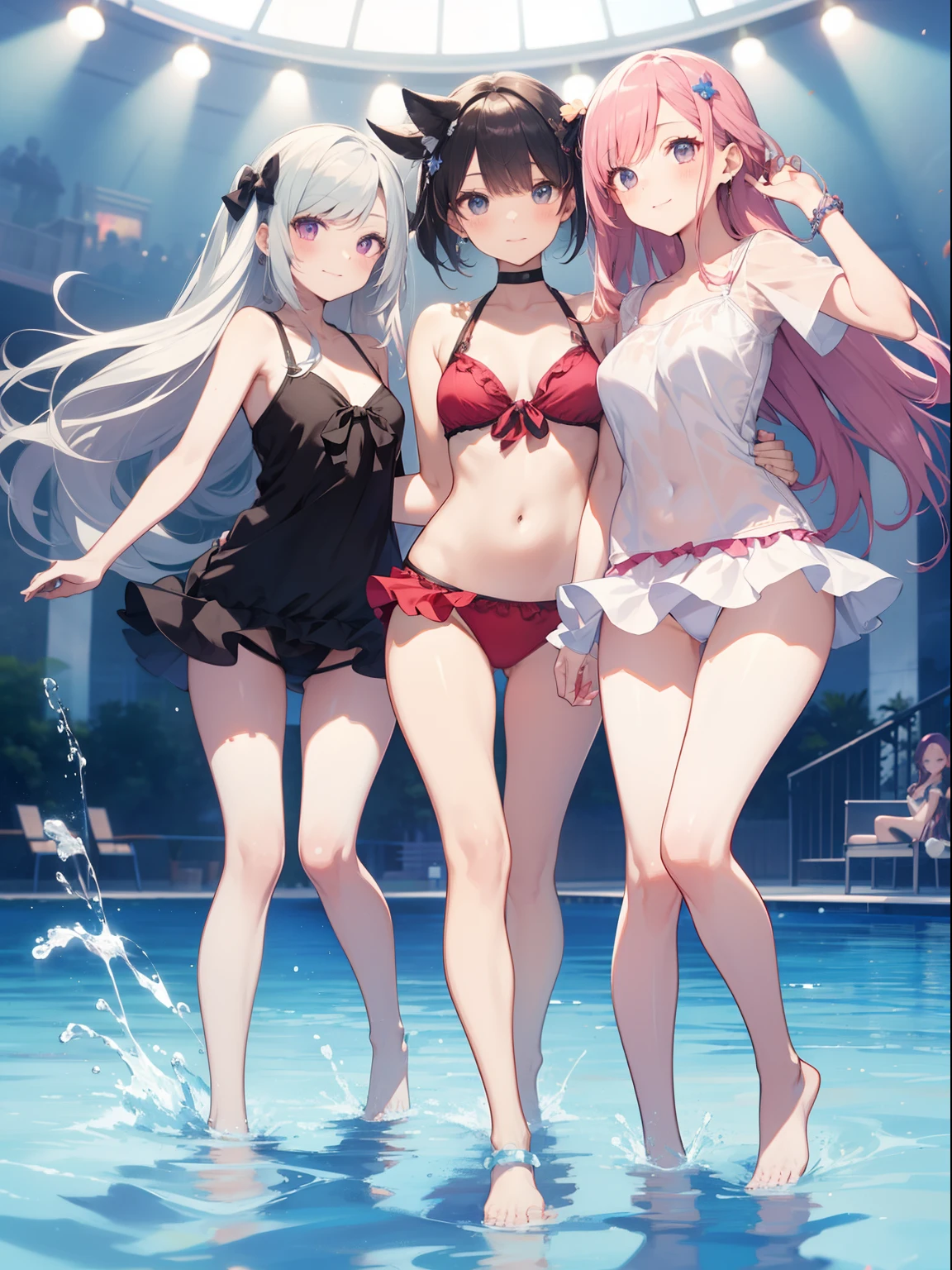 The ultra -The high-definition、high-level image quality、top-quality、Full feet and hands、complete fingers、Beautuful Women、1 persons、pinkhair、poneyTail、Twin-tailed、ssmile、Pink swimsuit、Niō Standing、Arms crossed