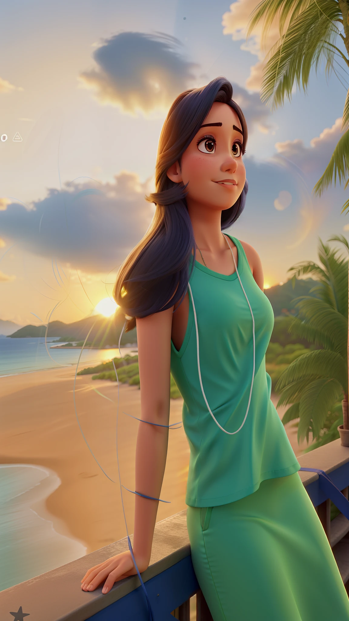 Mulher brasileira, cabelo castanho claro. Na frente, por do sol ao fundo, camiseta azul