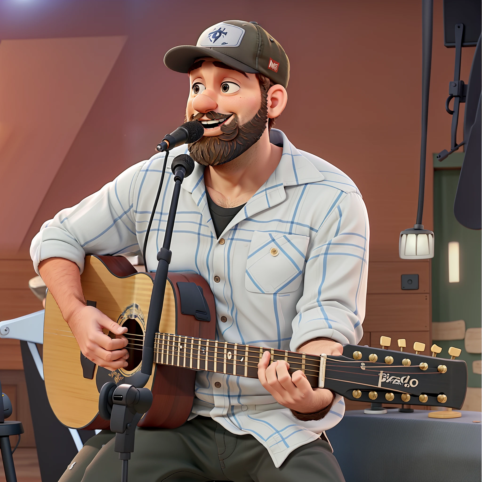 A man with a beard and a cap singing and playing guitar on a stage with the surrounding audience in the style of Pixar animation