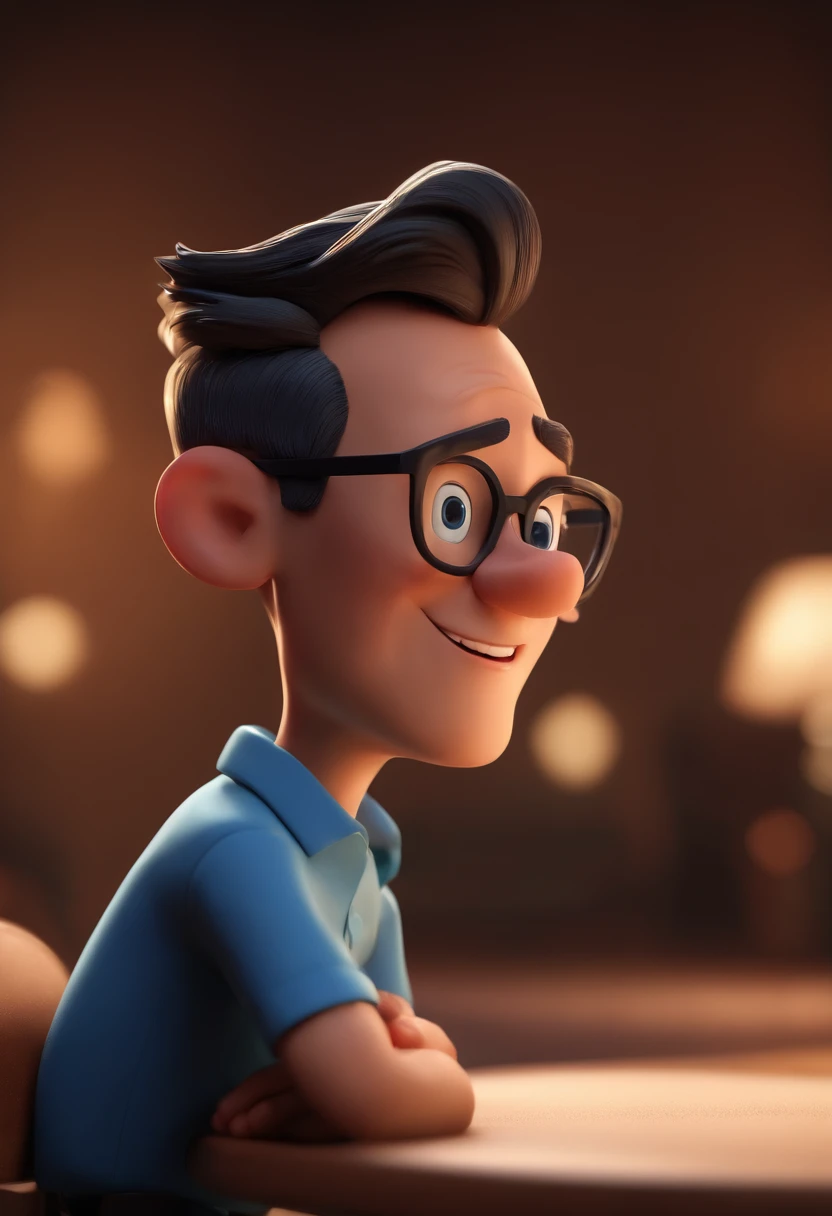 Cartoon character of a man wearing black glasses and a blue shirt, um personagem animado, Caractere estilizado, animation style rendering, 3D estilizado, Arnold Maya render, 3 d render stylized, toon render keyshot, Personagem 3D, Personagem 3D, 3d rendering stylized, 3 d character render, personagem de desenho animado, Personagem de close up, Pose de personagem, (Estilo Pixar) (master part:1.2) (Bokeh) (best quality) (pele detalhada) (textura detalhada) (8k) (argila) (Cinematic lighting) (foco nítido,Senta e vaza a parte superior do corpo