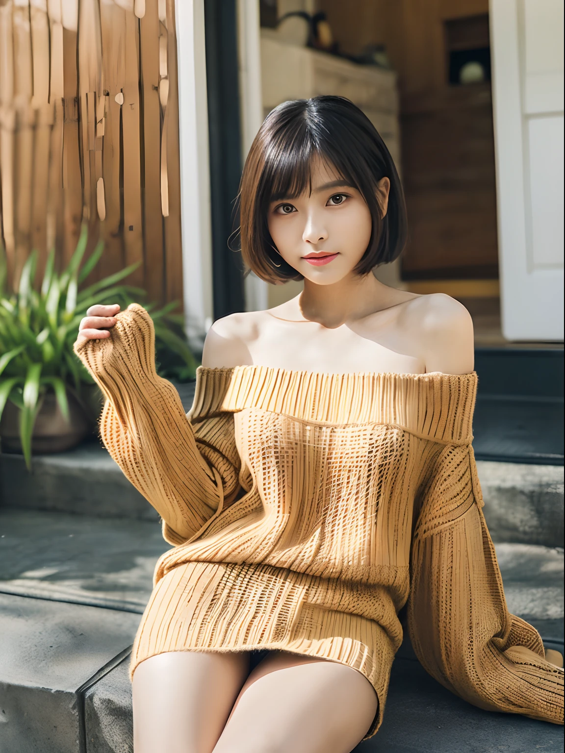 (top-quality、8K、masterpiece:1.2), (Cute Japan Beautiful Girl、18year old:1.4)、(Neat and beautiful face、the golden ratio:1.5)、 (Very fine eye definition, Symmetrical eyes:1.3), (Brown eyes, Parted bangs, Lustrous black hair:1.2)、(Perfect body without contradiction、Perfect limbs without contradiction:1.7)、(shinny skin:1.2)、(Beautiful large breast:1.7)、(Constricted waist:1.5)、(Off-the-shoulder loose knit、tight miniskirt:1.3) 、(bending forward:1.2)、(Looking at the camera:1.4)、outside of house、the wind、optic、blurry backround