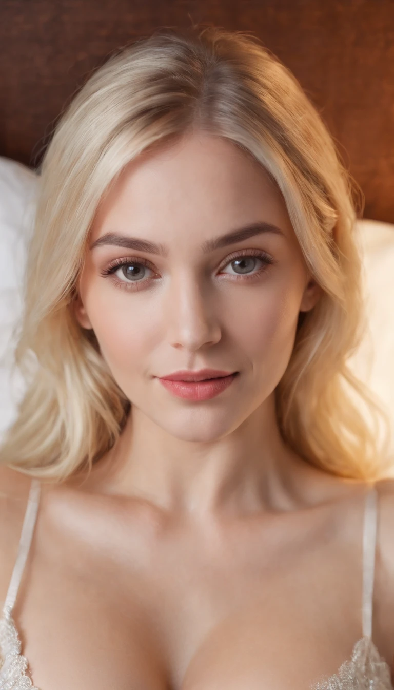 Masterpice Photorealistic gigantic Tits Blond Woman, half body Perfect Body, Perfect Face, Smiling, HD, Dressed up, Selfie, realistic eyes, in bed, sleepy