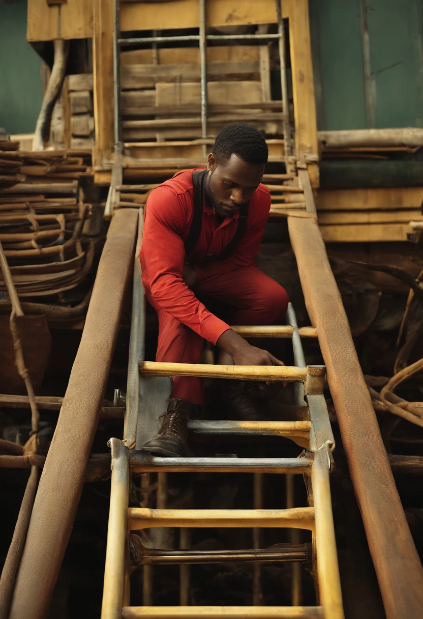 Black man working in telecommunications, with ladder on the back and seat belt