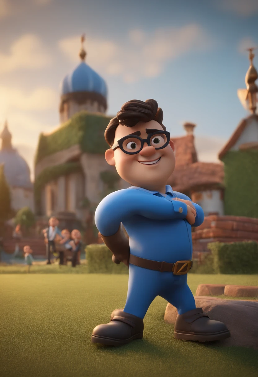 Cartoon character of a man wearing black glasses and a blue shirt, um personagem animado, Caractere estilizado, animation style rendering, 3D estilizado, Arnold Maya render, 3 d render stylized, toon render keyshot, Personagem 3D, Personagem 3D, 3d rendering stylized, 3 d character render, personagem de desenho animado, Personagem de close up, Pose de personagem, (Estilo Pixar) (master part:1.2) (Bokeh) (best quality) (pele detalhada) (textura detalhada) (8k) (argila) (Cinematic lighting) (foco nítido,Senta e vaza a parte superior do corpo