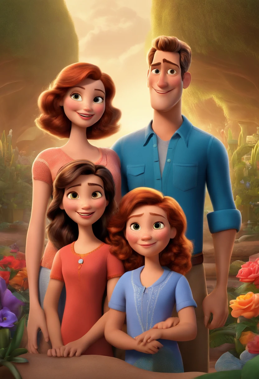 a poster from the Disney Pixar movie showing a family with 3 white-skinned people. The father is the tallest, cabelos curtos e castanho. The mother has brown eyes and hair, shoulder-length and is slightly overweight. A tem 2 meses. The background is a beach garden. 3D-rendering