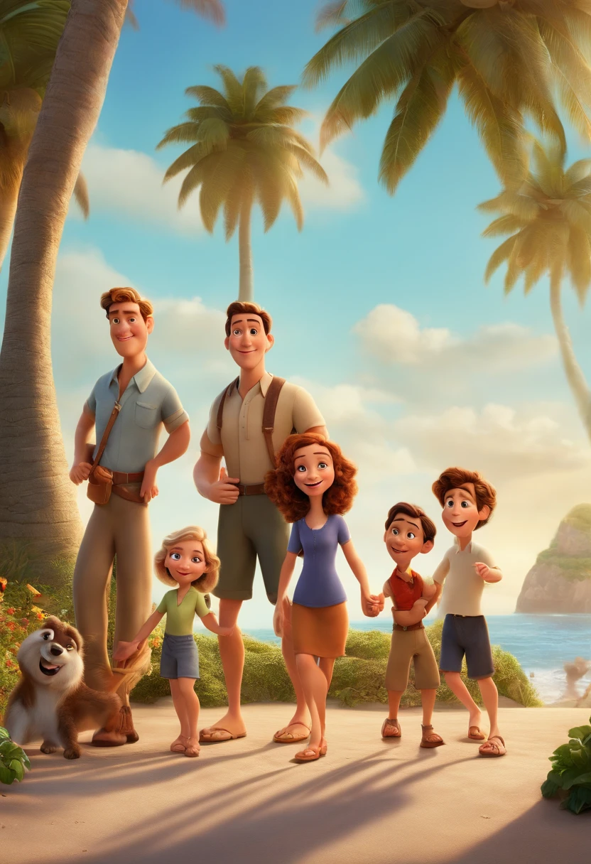 a poster from the Disney Pixar movie showing a family with 3 white-skinned people. The father is the tallest, cabelos curtos e castanho. The mother has brown eyes and hair, shoulder-length and is slightly overweight. A menina tem 2 meses. The background is a beach garden. 3D-rendering