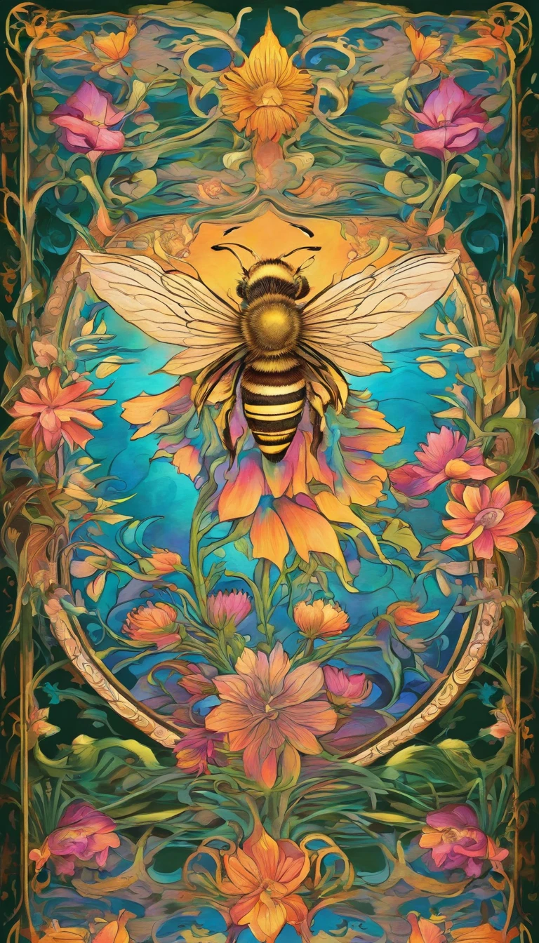 A bee flies over colorful flowers of psychedelic design, close, The scene isn't great, claro e claro, 4k, oil painting texture, Artistic sense, Sentido da pintura, classical oil painting