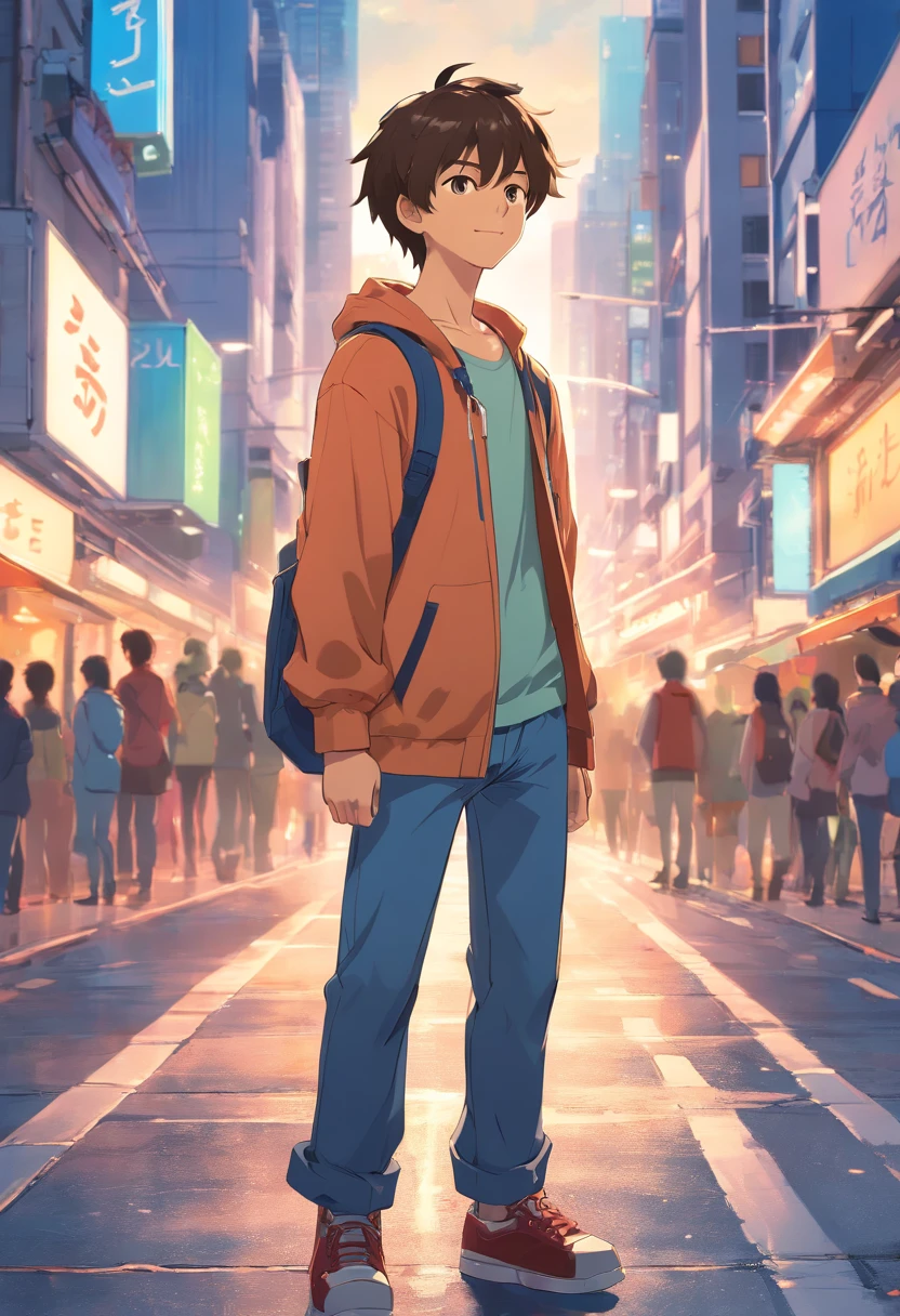 A boy, transformed into an anime style, with exaggerated unique facial features and clothing, standing on a bustling city street, backlit background highlighting the subject, high-contrast colors, 4K high-definition quality,young, smiling, handsome