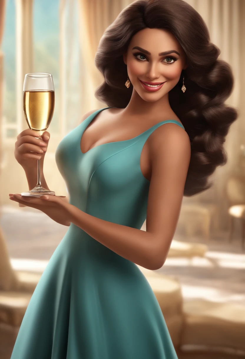 "(best quality,ultra-detalhado,Realistic:1.37),3D rendering,illustration,design de personagens,cabelos curtos e cacheados escuros,belos olhos detalhados,Estilo Pixar,morena mulher,Dancing on the Disney stage,atmosfera animada,vivid colors,luzes de palco,expression joyful, Glass of champagne in hands"