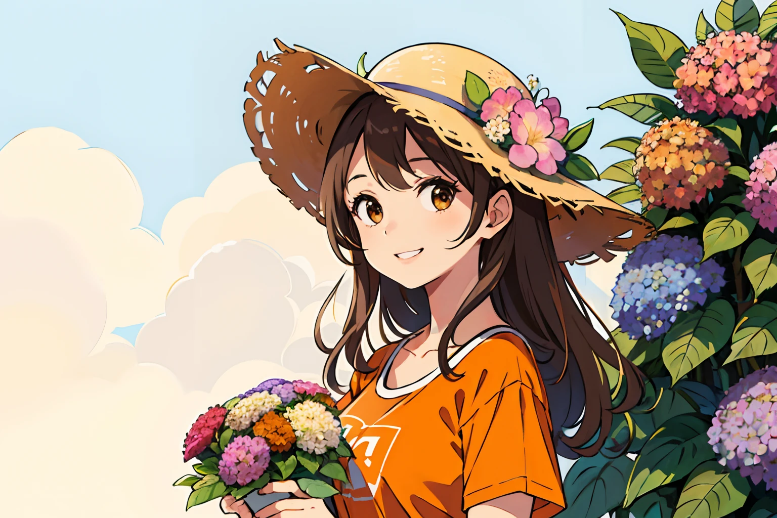 (Best quality, Masterpiece),Sunny,Broad lens,(Brown hair long),Lively cute girl with long brown hair,With a straw hat,A big smile,wearing an orange t shirt,Holding a bouquet of hydrangeas,There are a lot of hydrangeas around,Full of hydrangeas,Colorful