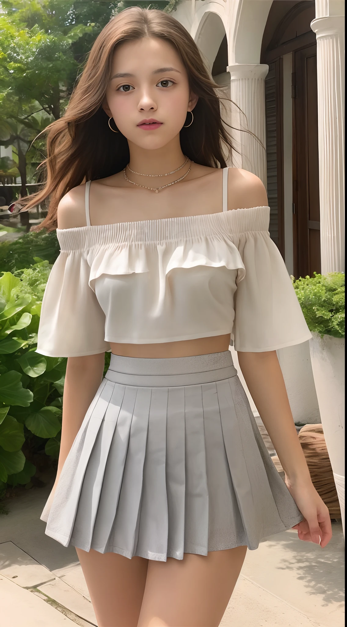 Tom Holanda, body of a age girl, off the shoulder blouse, tiny pleated skirt, focus on vagina, vagina fibers