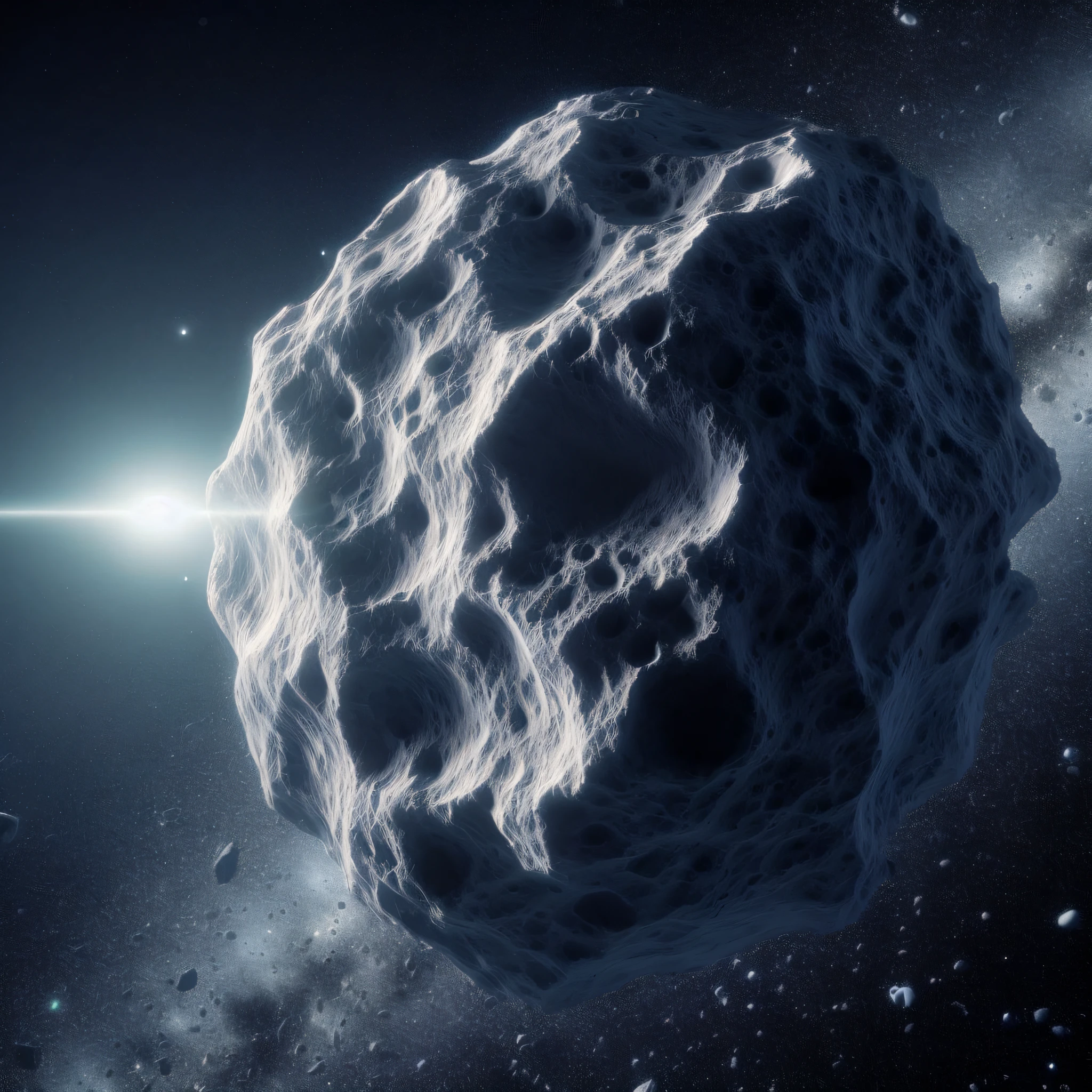 an artist's rendering of a large rock in the outer space, metallic asteroid, asteroids realistic cinematic, asteroid belt, asteroids, meteor, meteorite, on the surface of an asteroid, comet, asteroid belt in distance, rendered image, panspermia, spaceengine, nebulae. volumetric lighting, rendering, meteorites, nasa, rendered illustration