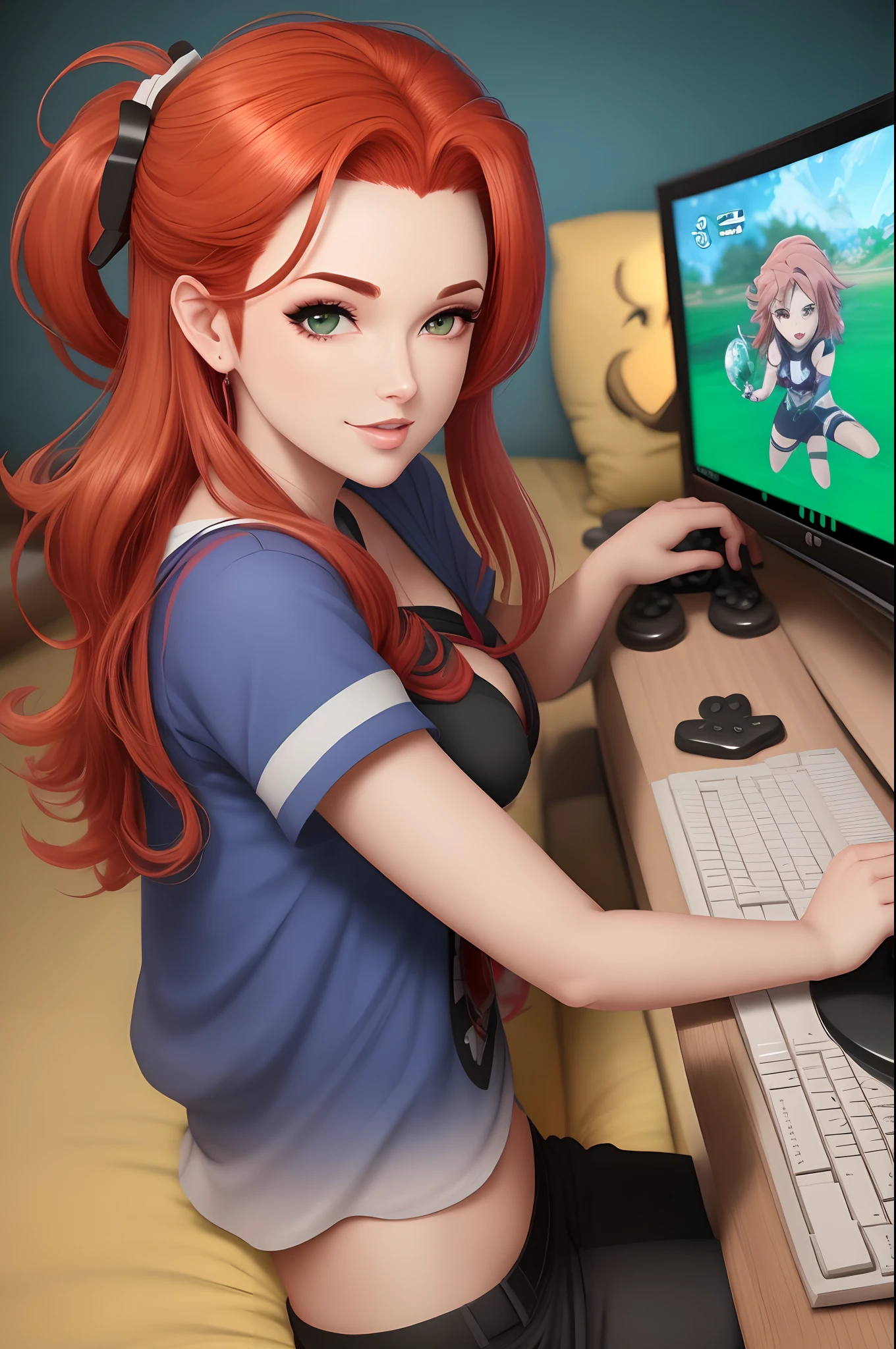Desenhar no estilo anime uma mulher ruiva jogando videogame fazendo stream