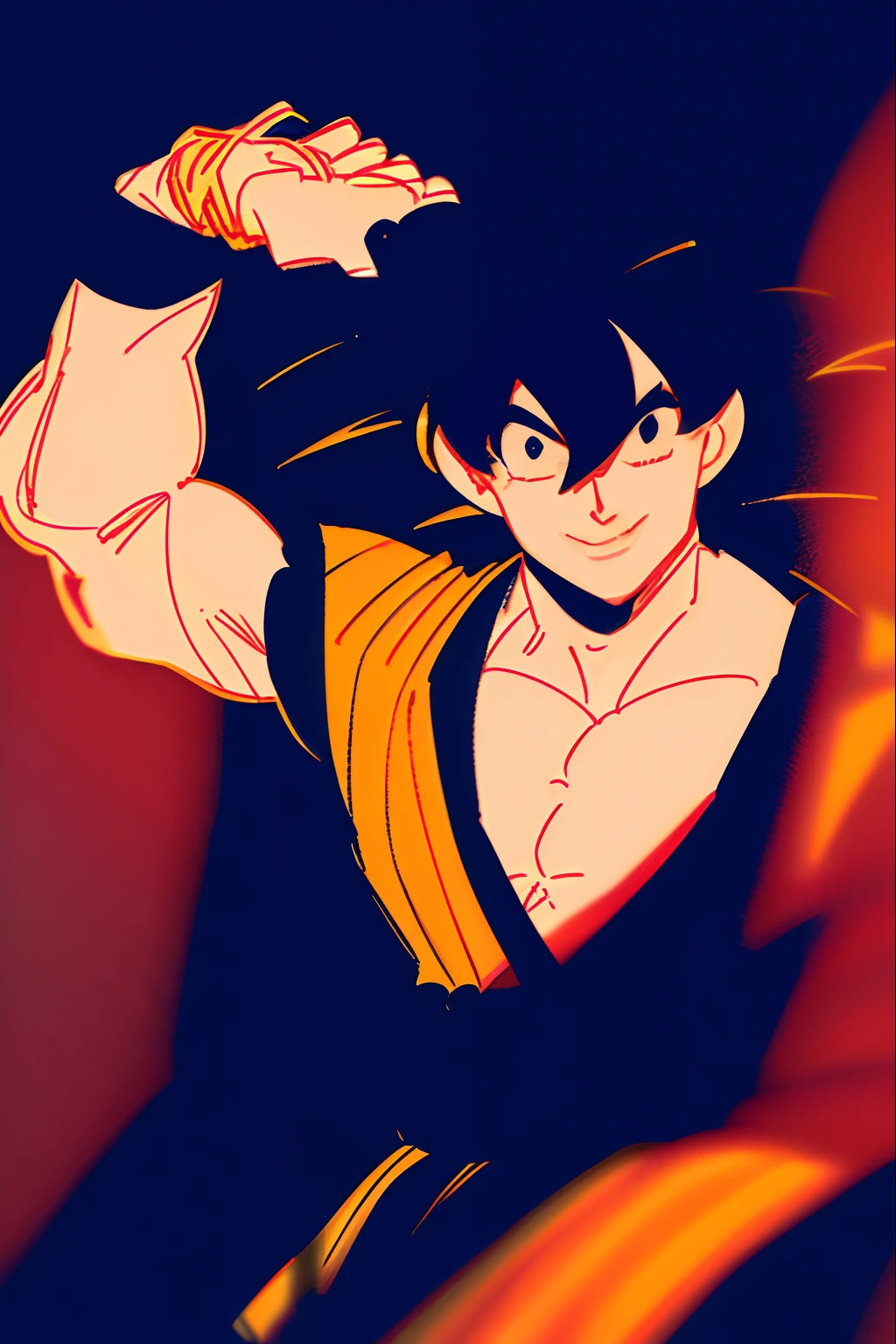 son goku, 1boy, backlighting, black eyes, black hair, blue wristband, closed mouth, dougi, hair strand, hands up, light particles, looking at viewer, male focus, muscular, muscular male, pectorals, smile, solo, spiked hair, upper body, wristband, ((masterpiece))