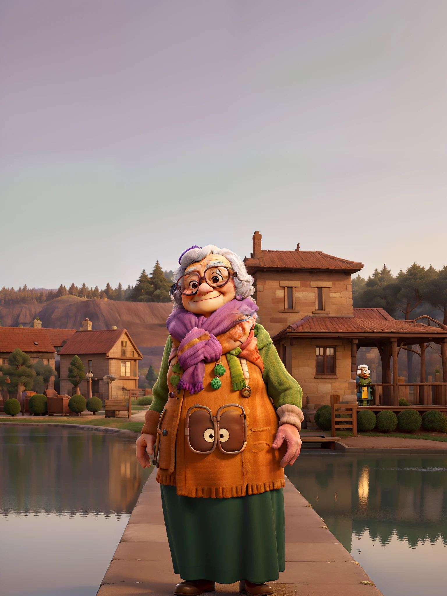 masterpiece, best quality, an old woman with glasses and a scarf on, wearing a purple coat and green scarf, standing at the park