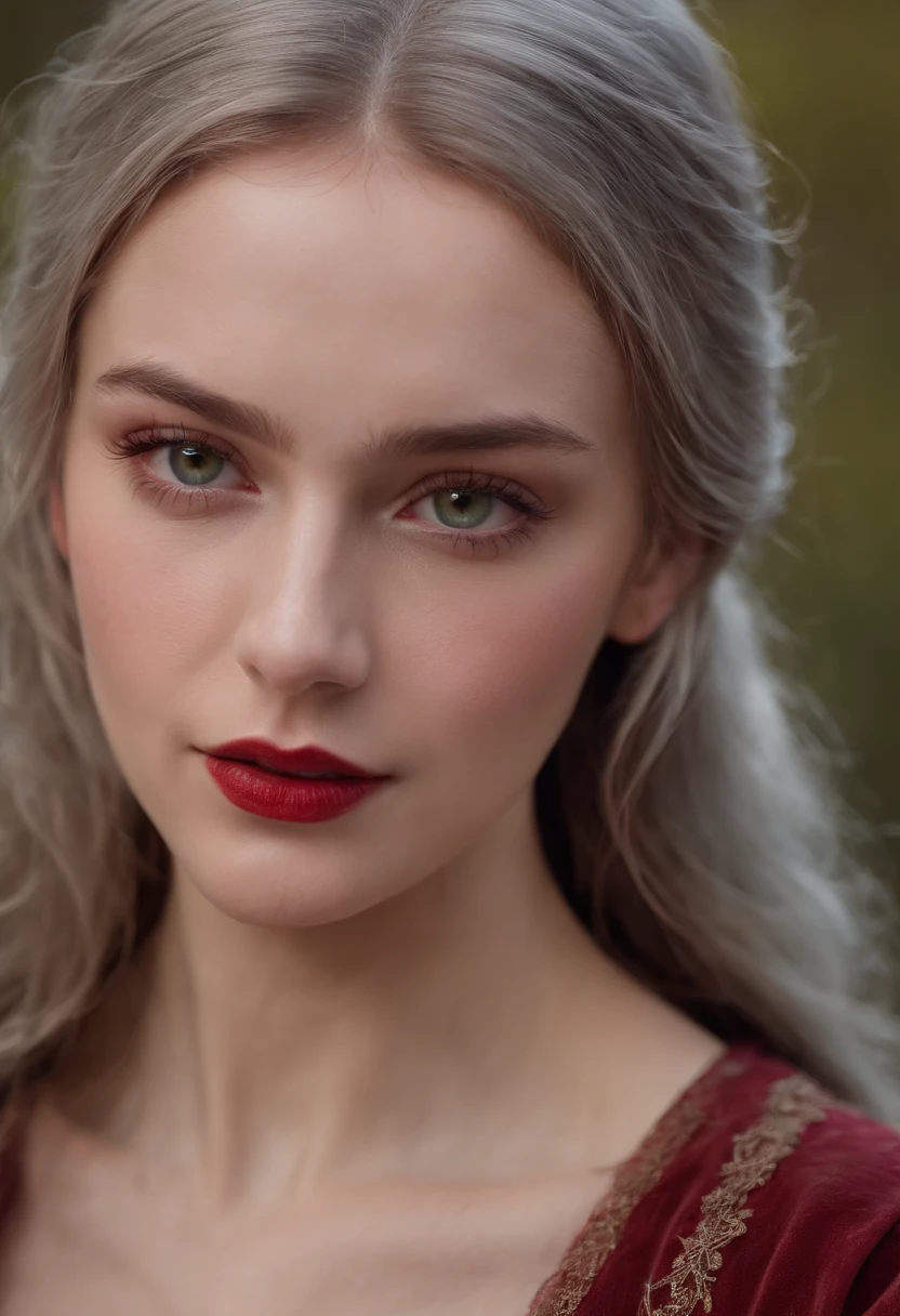 (((A deep red wound streaked across her left cheek))) Fair complexion, A woman around 19 years old, Natural gray hair, Unique green eyes, Wear Cole, Slender and graceful, Beautiful, Candlelight in a medieval setting, super sharp focus, realistic lens, Medieval women's clothing, Four colors (Scar:1.4)