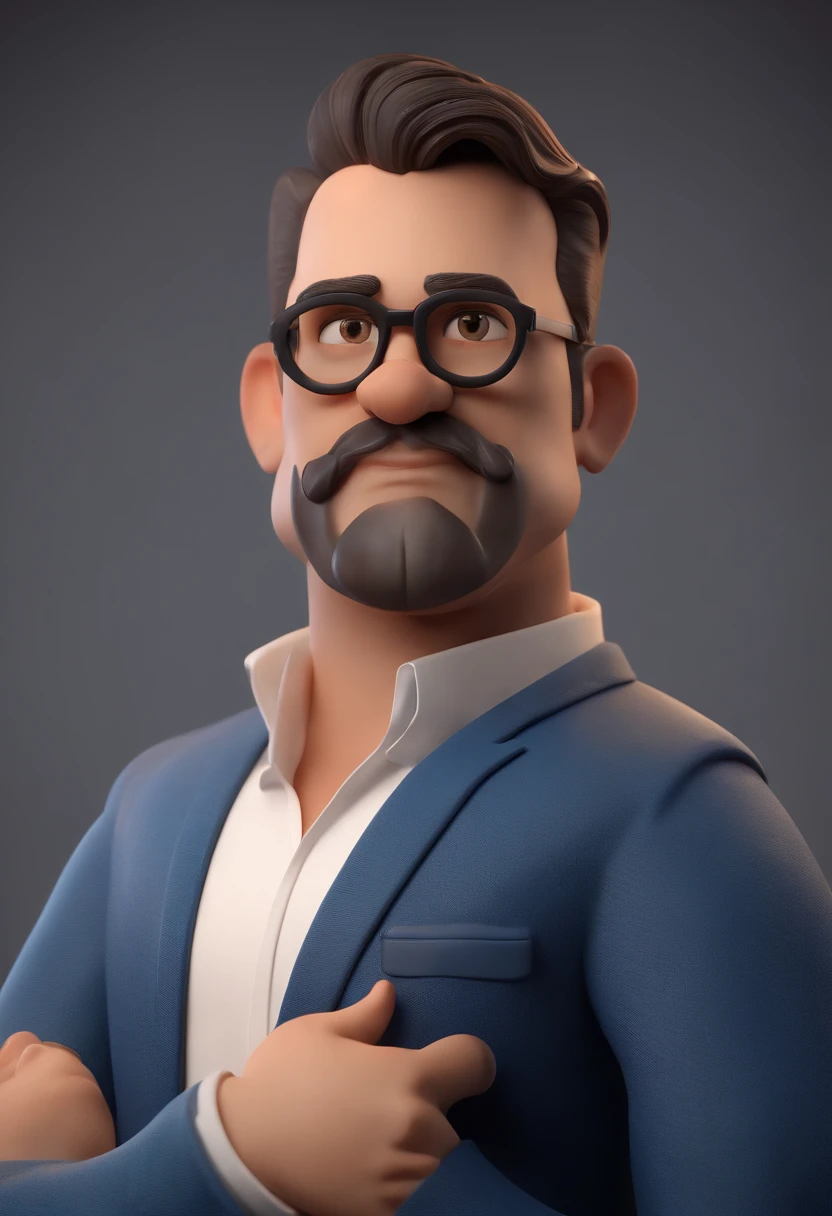 Cartoon character of a man wearing black glasses and a blue shirt, um personagem animado, Caractere estilizado, animation style rendering, 3D estilizado, Arnold Maya render, 3 d render stylized, toon render keyshot, Personagem 3D, Personagem 3D, 3d rendering stylized, 3 d character render, personagem de desenho animado, Personagem de close up, Pose de personagem, (Estilo Pixar) (master part:1.2) (Bokeh) (best quality) (pele detalhada) (textura detalhada) (8k) (argila) (Cinematic lighting) (foco nítido，Senta e vaza a parte superior do corpo