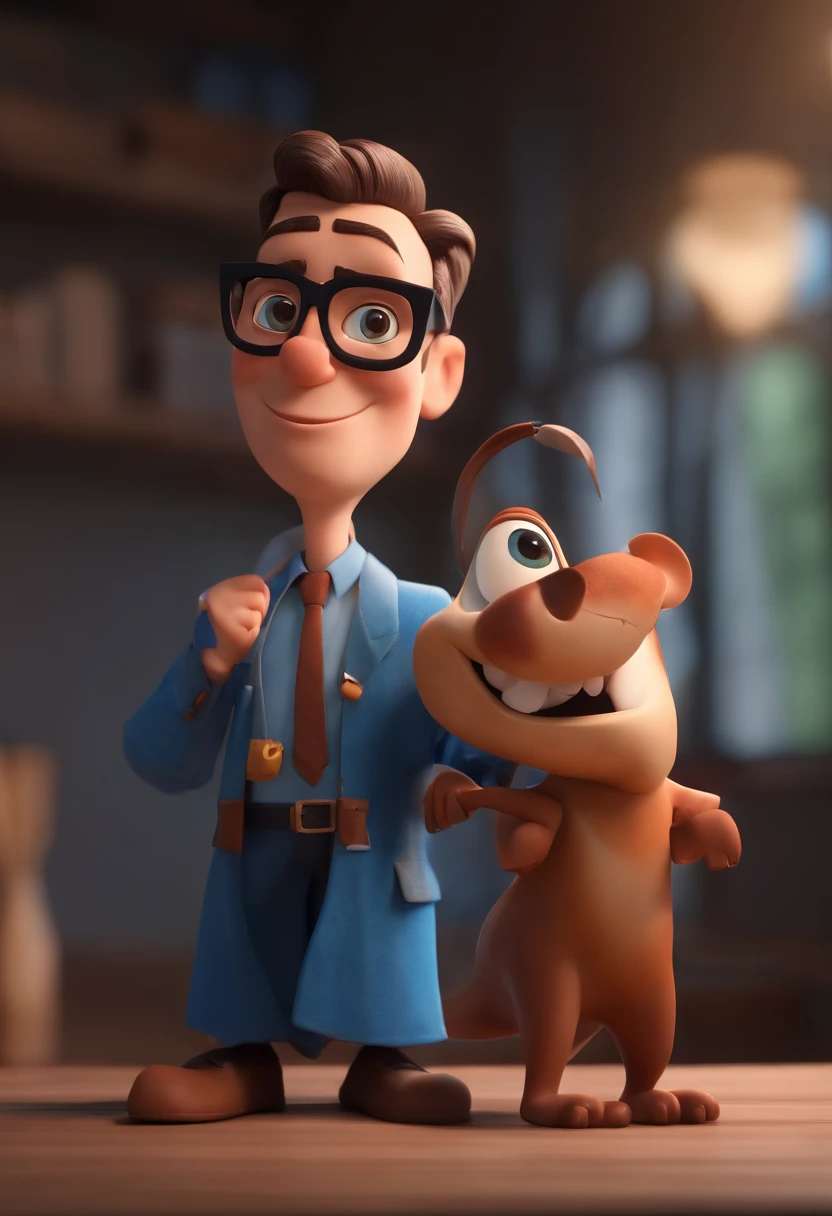 Cartoon character of a man wearing black glasses and a blue shirt, um personagem animado, Caractere estilizado, animation style rendering, 3D estilizado, Arnold Maya render, 3 d render stylized, toon render keyshot, Personagem 3D, Personagem 3D, 3d rendering stylized, 3 d character render, personagem de desenho animado, Personagem de close up, Pose de personagem, (Estilo Pixar) (master part:1.2) (Bokeh) (best quality) (pele detalhada) (textura detalhada) (8k) (argila) (Cinematic lighting) (foco nítido，Senta e vaza a parte superior do corpo