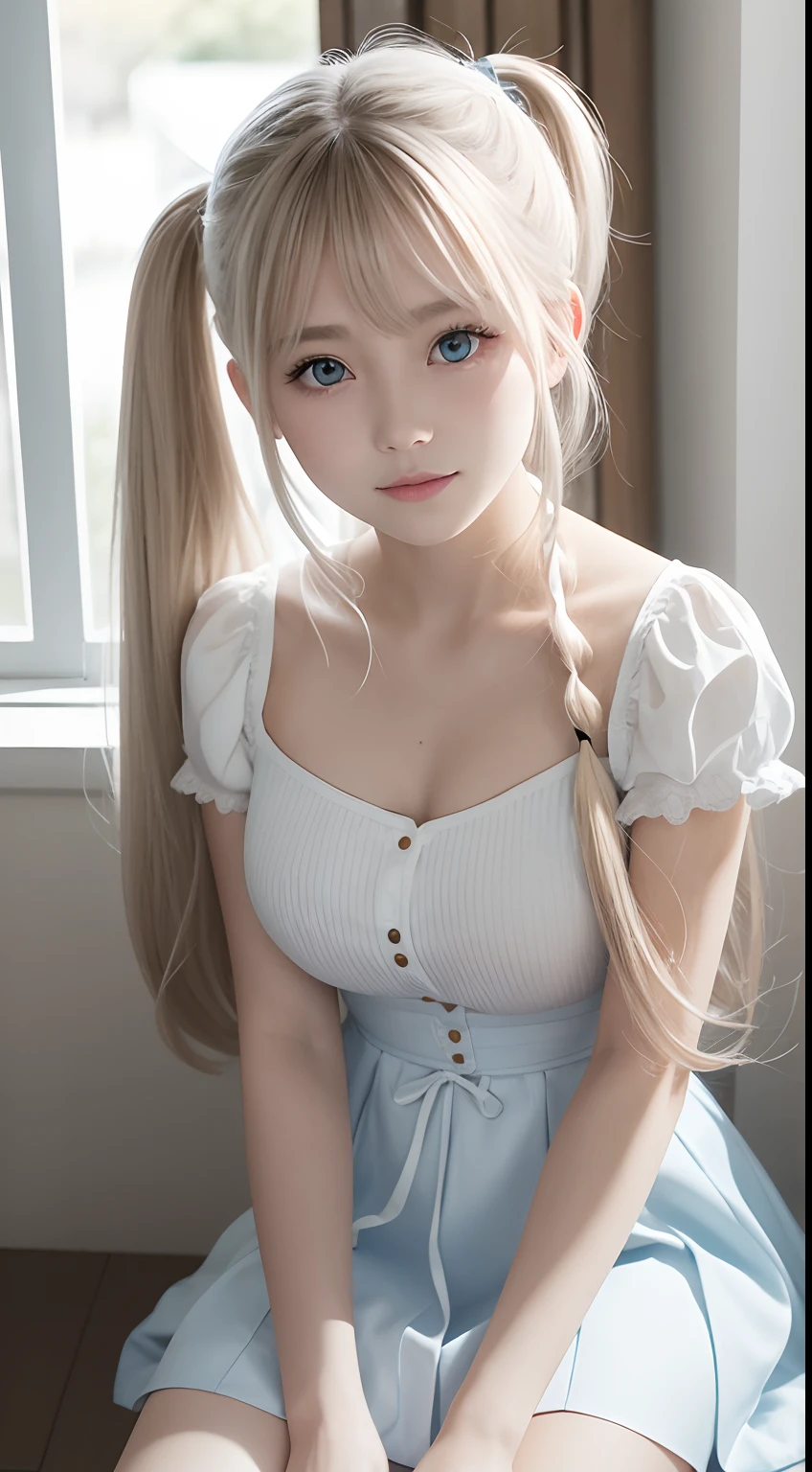 1girl, 16yo, blonde hair, very long hair, twintails, red ribbon, blue eyes, shy, ,akizuki airi, blonde_hair, blue eyes, twintails, very_long_hair, hair_ornament red, hair_scrunchie red, medium_breasts,akizuki airi, blonde_hair, blue eyes, twintails, very_long_hair, hair_ornament red, hair_scrunchie red, medium_breasts,
white shirt, open shirt, I can see her chest and nipples