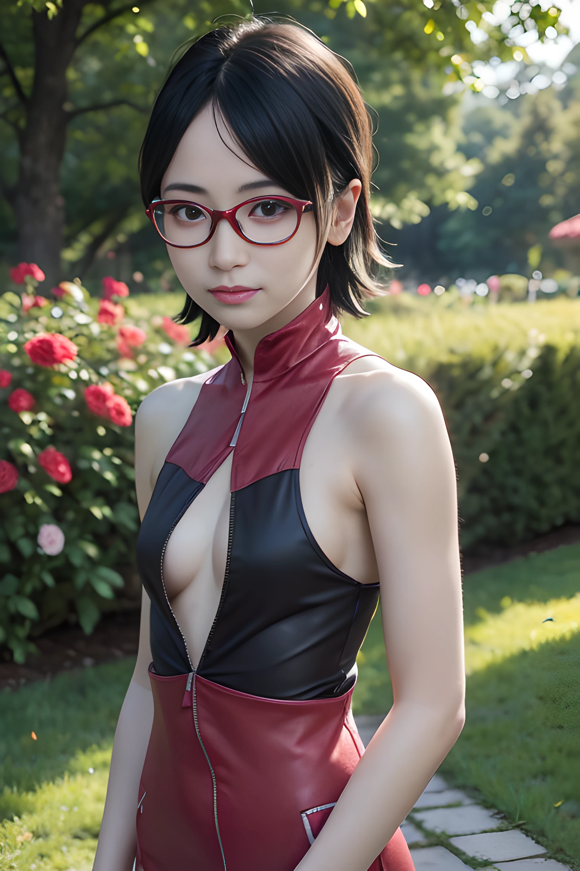masterpiece, best quality, (realistic, photo-realistic:1.4), (RAW photo:1.2), extremely detailed CG unity 8k wallpaper, delicate and beautiful, amazing, finely detail, official art, absurdres, incredibly absurdres, huge filesize, ultra-detailed, extremely detailed, extremely detailed girl,sarada uchiha,outdoor,close up, girl,13 yl,little smile,black hair,black eyes,short hair,red bra,red glasses,highly detailed glasses,looking at viewer,garden,(small breast:1.2)