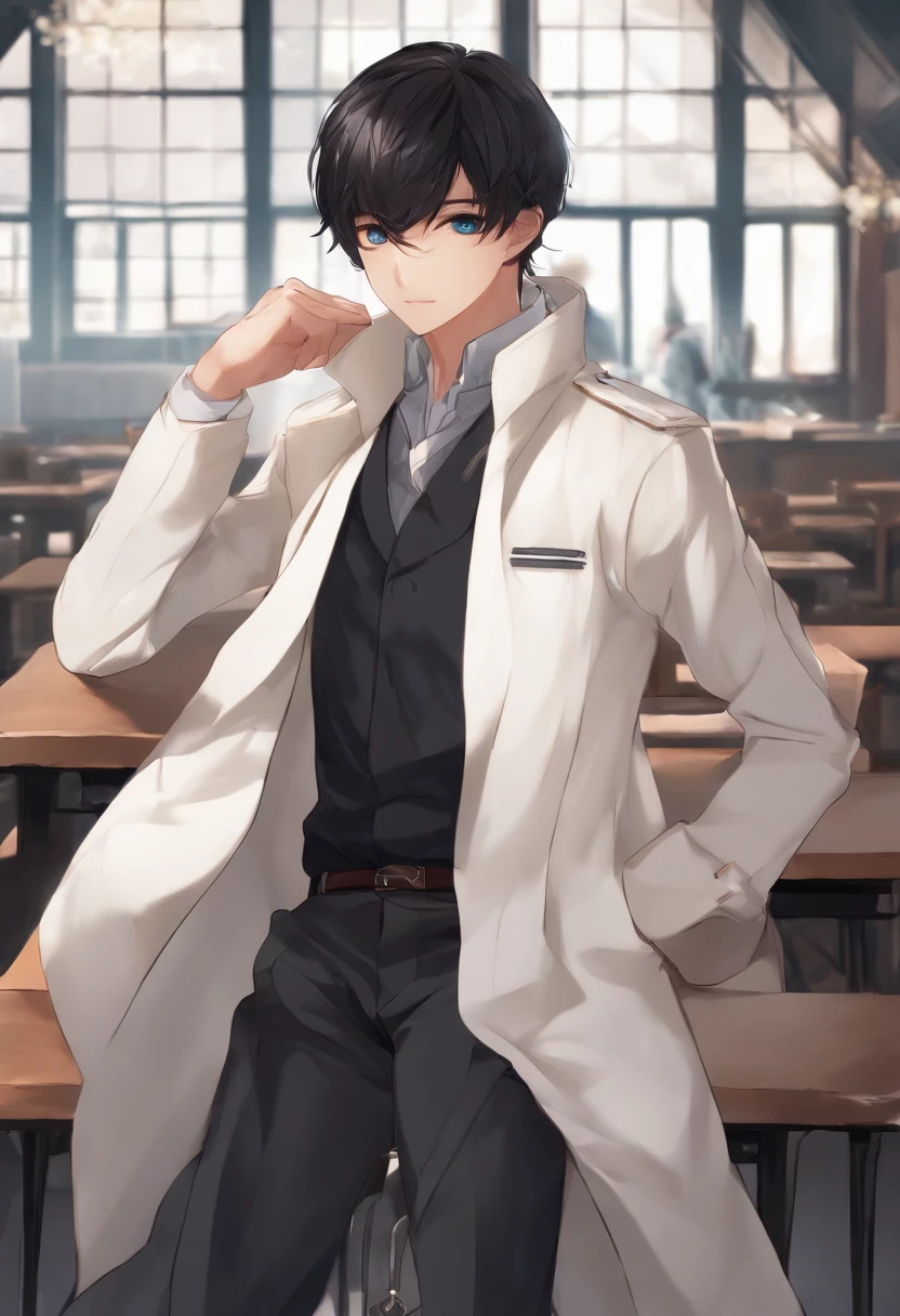 Best Quality: 1.0), (超A high resolution: 1.0), Anime Boy, Short black hair, Blue eyes, White coat, Black pants, Sleep on a stool, Classroom Background