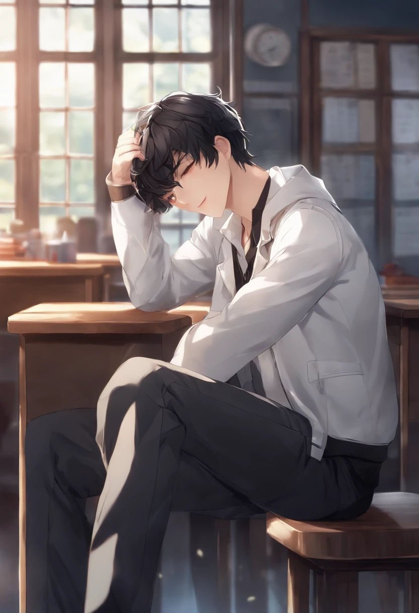 Best Quality: 1.0), (超A high resolution: 1.0), Anime Boy, Short black hair, Blue eyes, White coat, Black pants, Sleep on a stool, Classroom Background