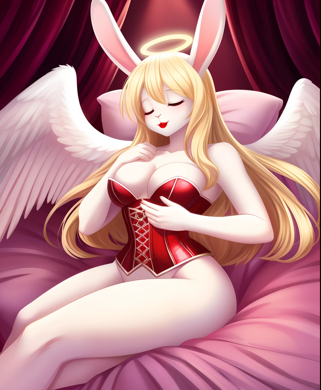 Female anthro blonde rabbit as an angel, halo, white soft wings, rabbit ears, pink corset, red lipstick, hugging a body pillow, closing her eyes, long hair, heaven bed