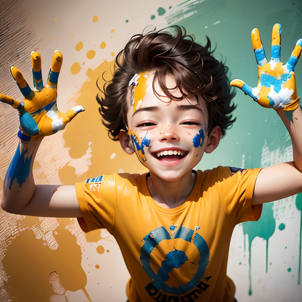 A imagem mostra um jovem com cabelos loiros e curtos, Smiling and extending your arms forward. It's completely covered in yellow paint, indicating that he is participating in an art or play activity. The boy is wearing an orange T-shirt and appears to be excitedly showing his paint-stained hands in an advertisement for a children's school. Do it pixar style --auto --s2