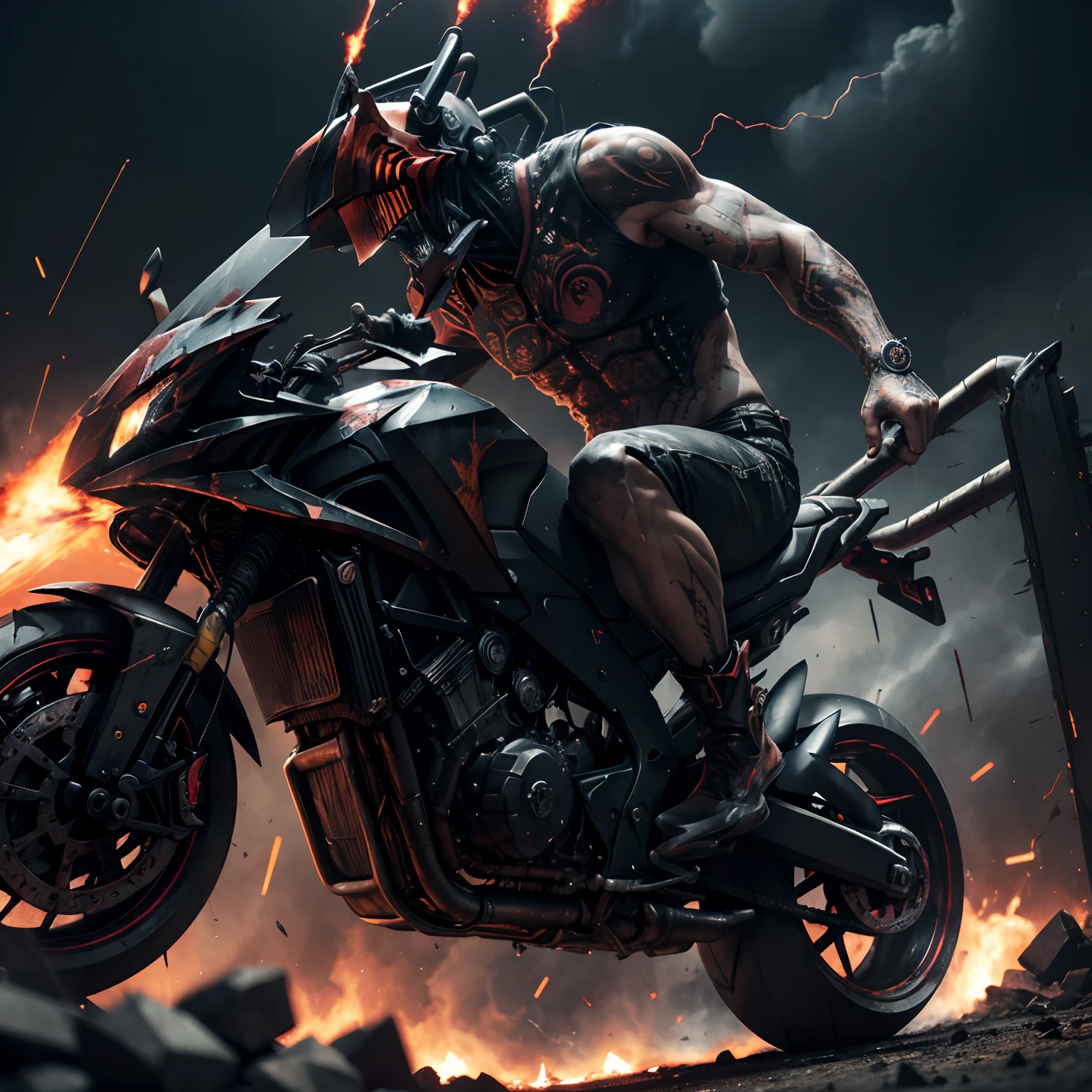 (chainsaw man),(anime style),(demonic motor),(exhaust pipes on the back),(pistons on the chest),(intense muscles),(gritty expressions),(dark and fiery background),(blazing eyes),(sharp fangs),(smoke and fumes),(dynamic pose),(highly detailed characterization),(electric blue and crimson color palette),(menacing presence),(powerful weaponry),(shredded clothing),(dynamic motion lines),(intense energy),(ominous aura),(explosions and sparks),(mechanical aesthetics),(violence and destruction),(comic book art style),(dramatic lighting),(chaotic composition),(sinister vibes),(ferocious aura),(intense action),(blood splatters),(chains and gears),(surreal elements),(epic showdown),(battle scars),(fearless determination),(shattered landscape),(sinewy physique),(urban setting),(cinematic atmosphere),(tattoos and symbols),(ominous clouds),(violent and raw),(fast-paced),(intense expressions),(exaggerated proportions),(demonic transformation)